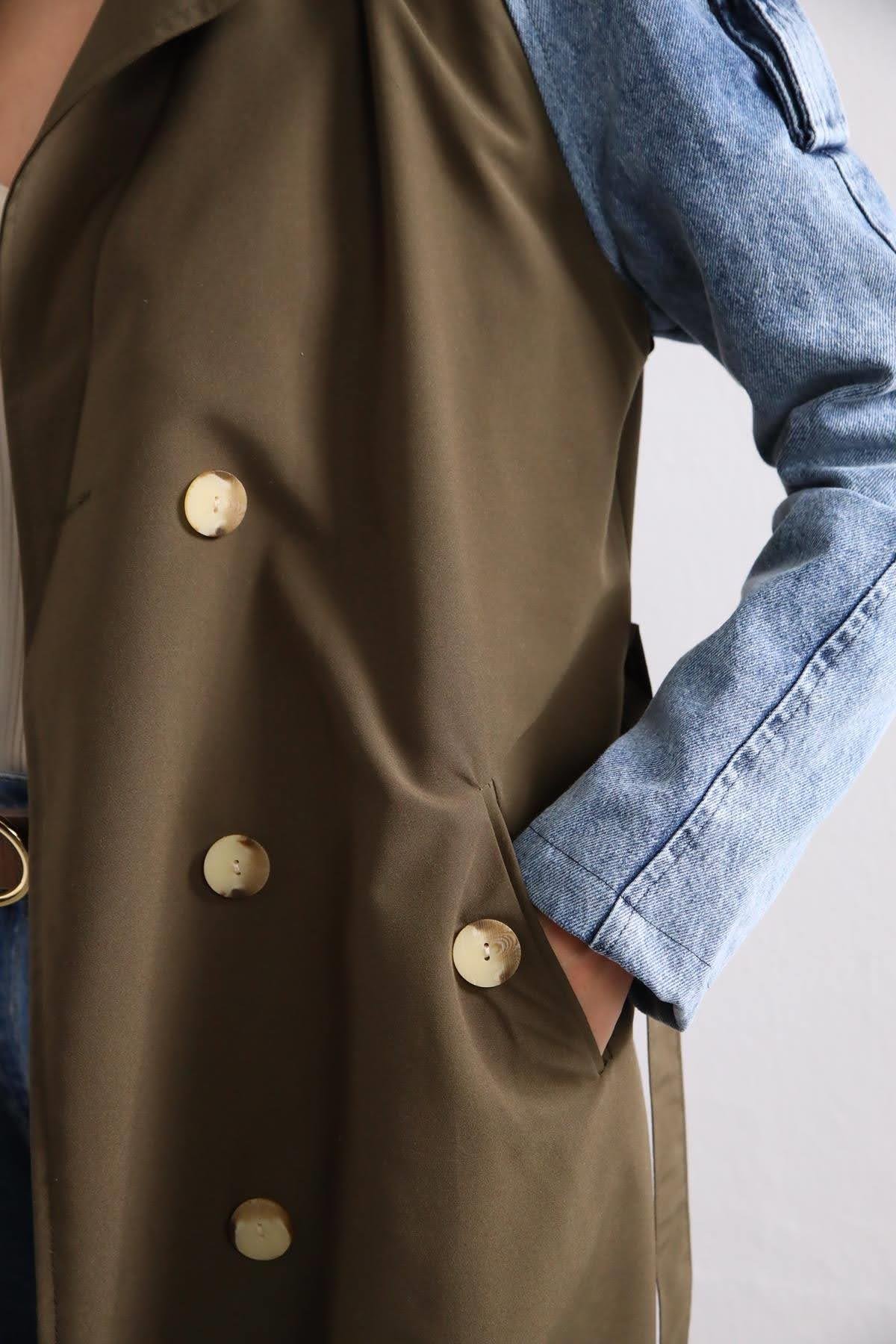  Haki Kolları Kot Detaylı Trençkot