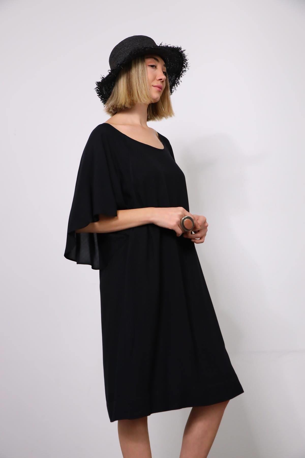 Siyah Midi Yarasa Kol Elbise - Şaman Butik Siyah Midi Yarasa Kol Elbise