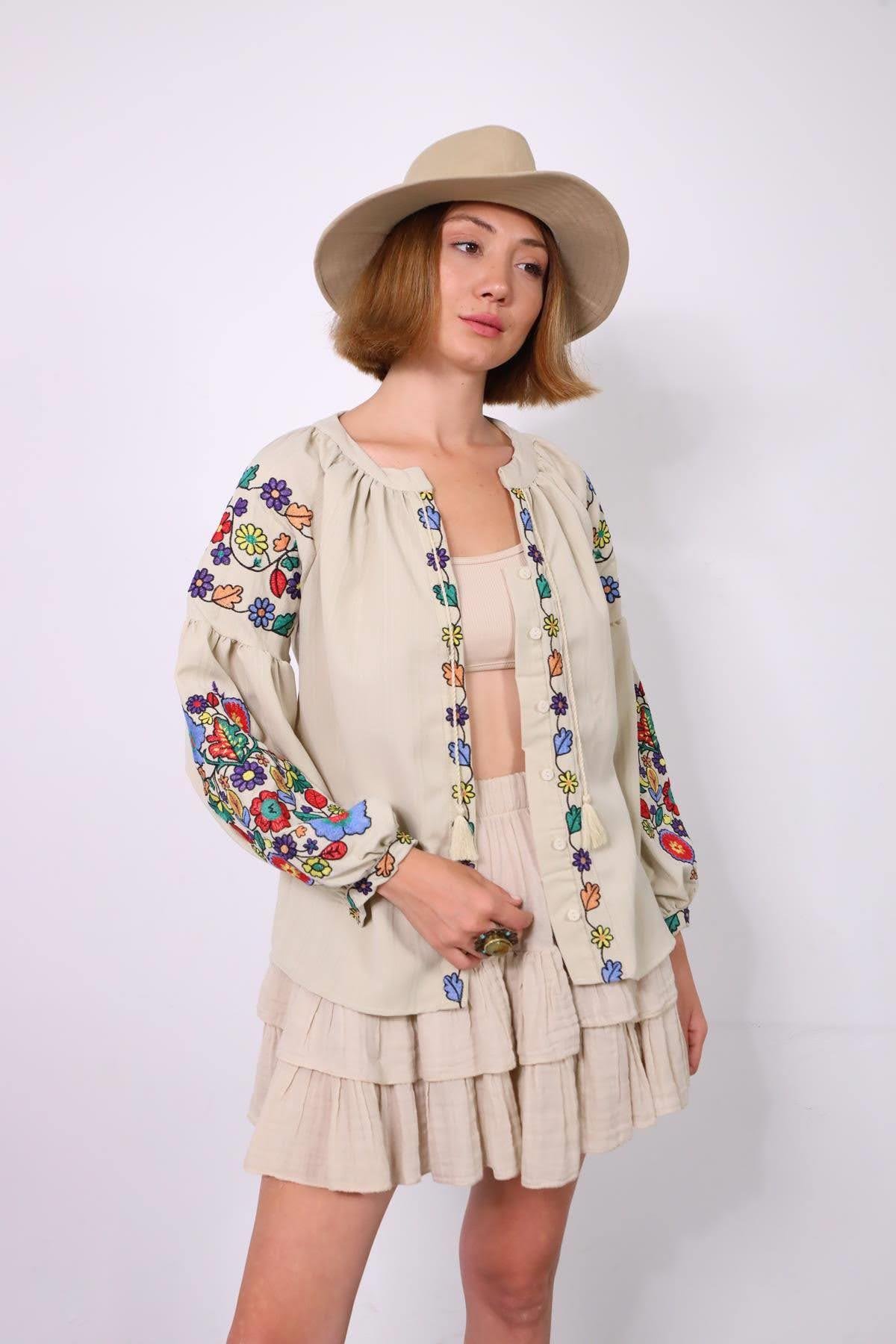 Beige Embroidery Bishop Sleeve Lace Up Collar Shirt - Saman Butik | Shop Online Beige Embroidery Bishop Sleeve Lace Up Collar Shirt