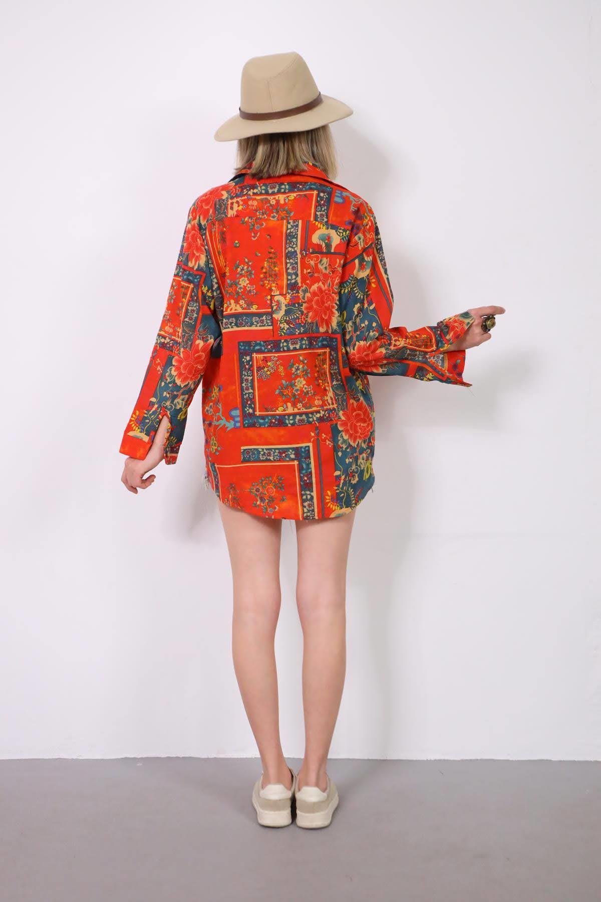  Turuncu Otantik Desenli Gömlek