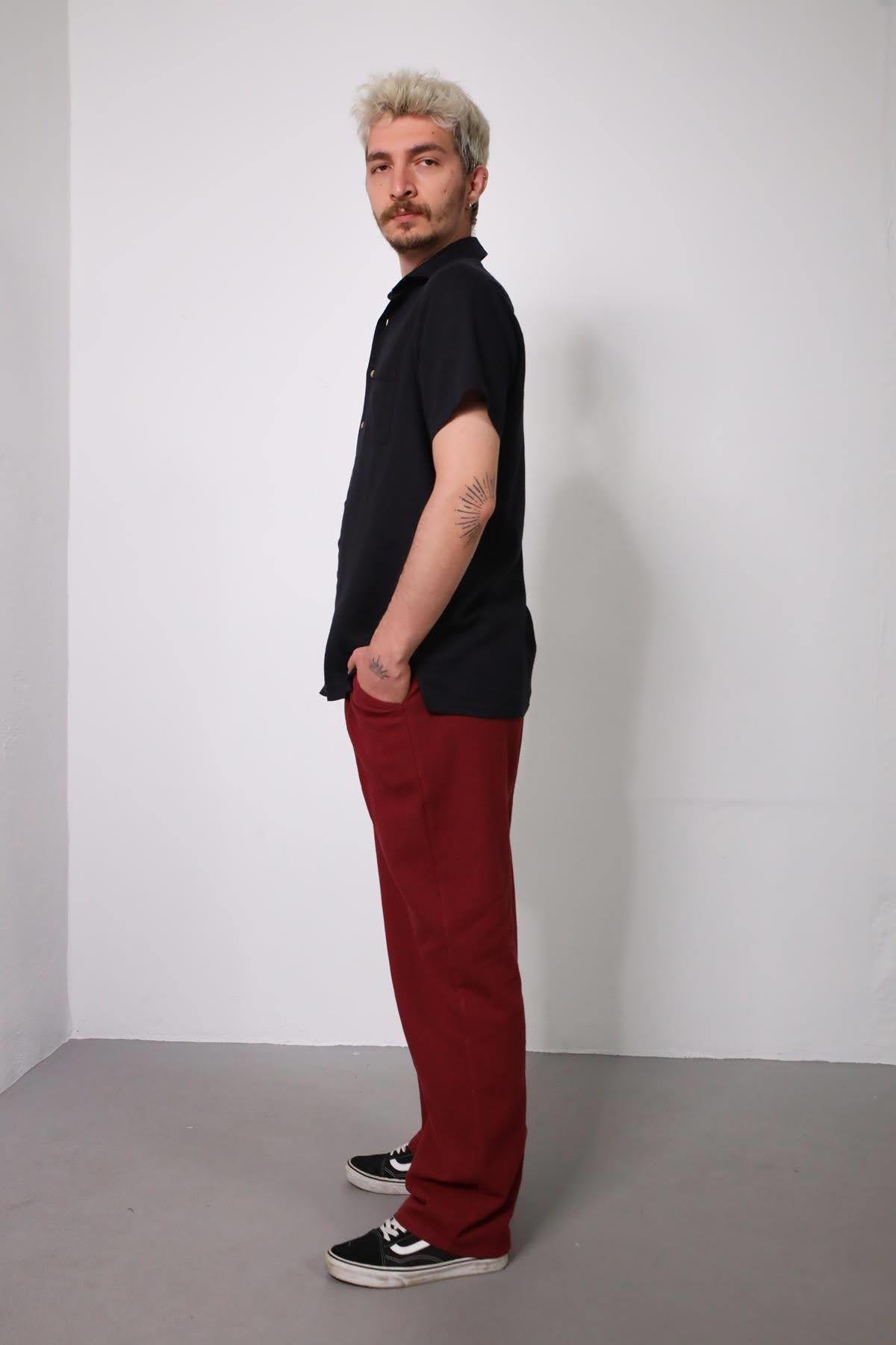  Bordo Beli Lastikli Pileli Pantolon