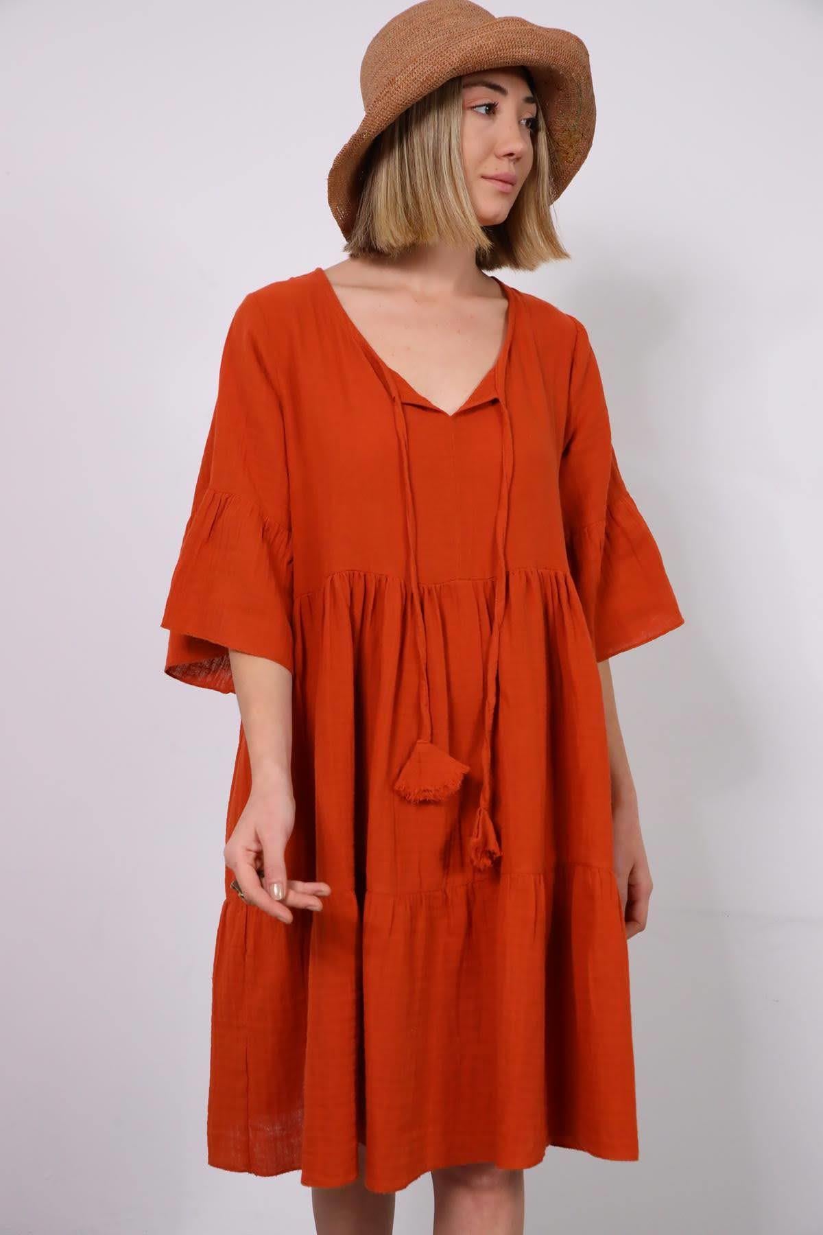 Kiremit Rengi Yakası İp Detaylı Müslin Elbise - Şaman Butik Kiremit Rengi Yakası İp Detaylı Müslin Elbise
