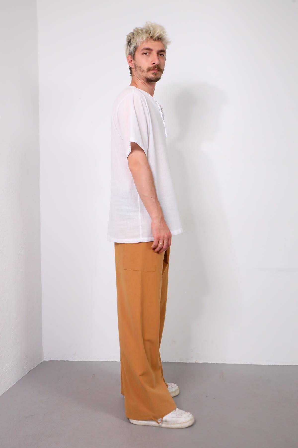  Hardal Rengi Beli Desenli Balıkçı Pantolon