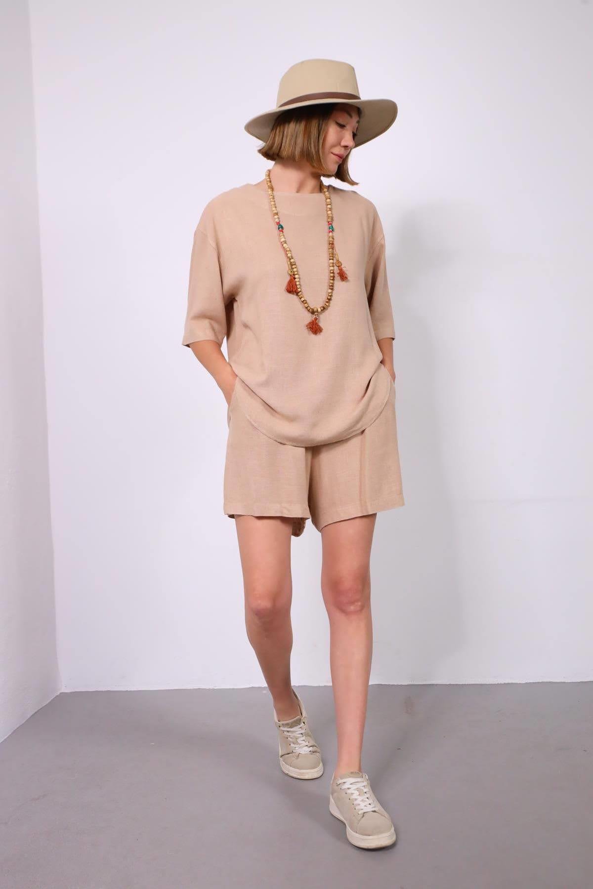  Camel Rengi Salaş Şortlu Takım