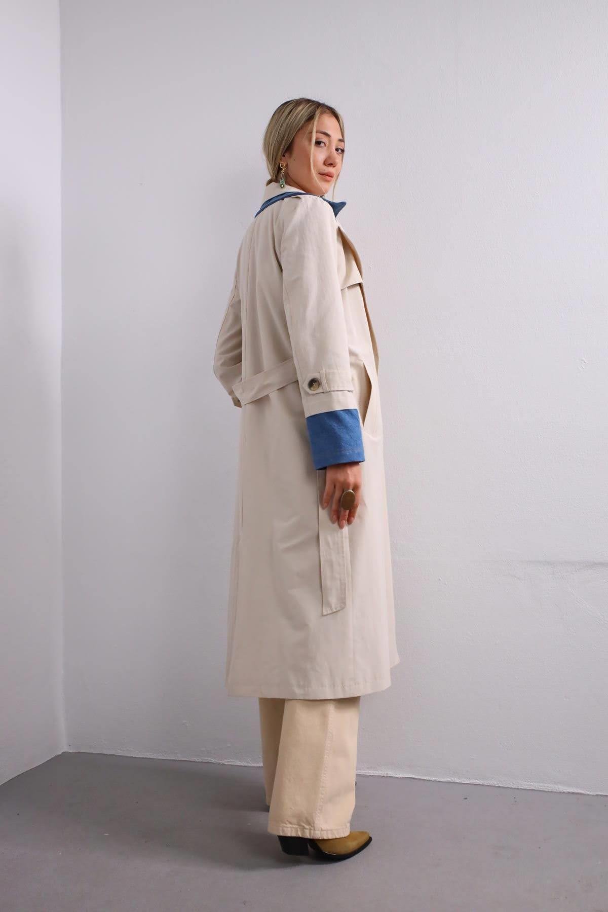  Taş Rengi Denim Parça Detaylı Trençkot