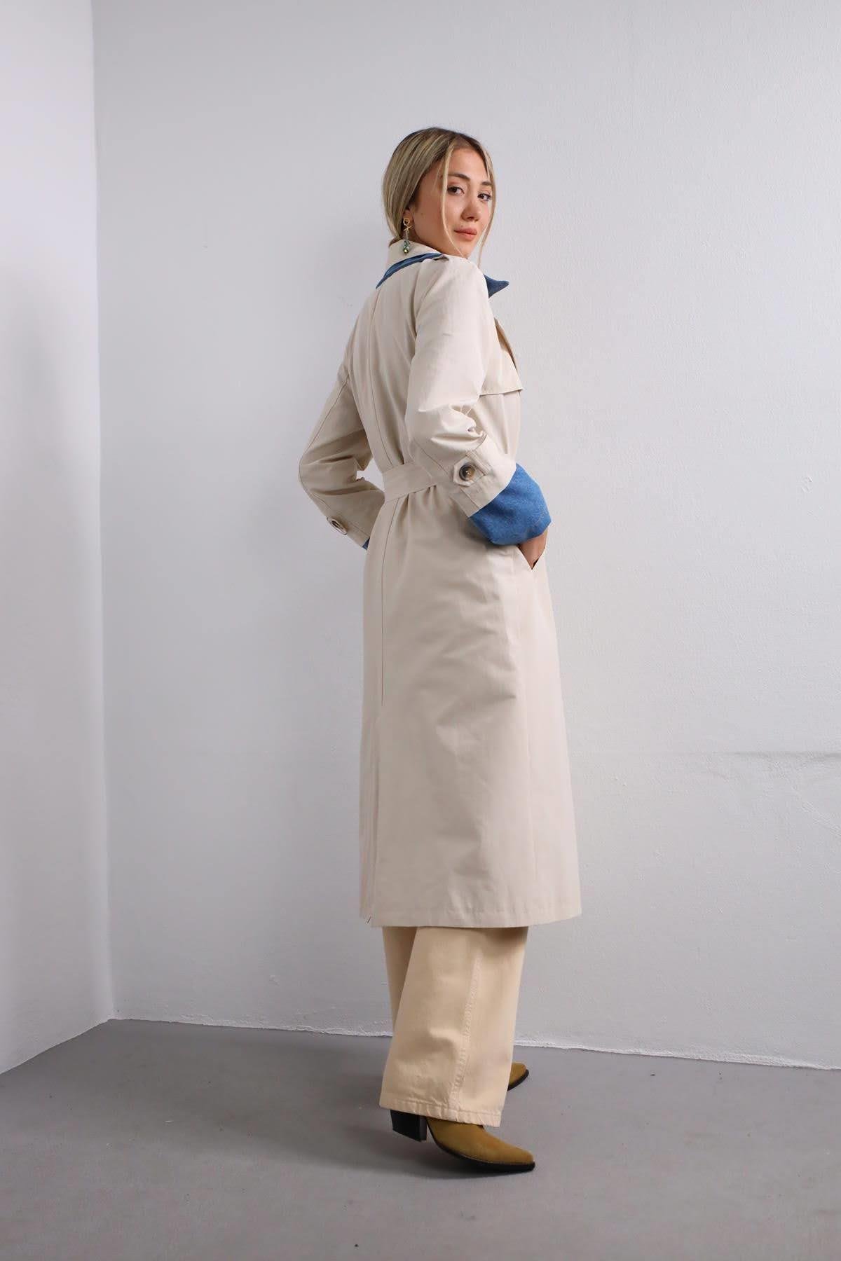  Taş Rengi Denim Parça Detaylı Trençkot