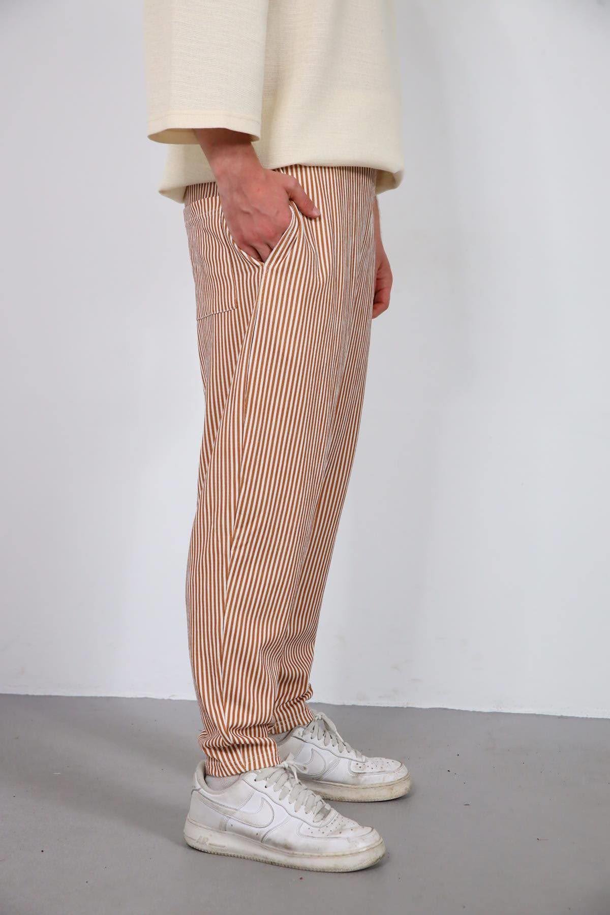  Tarçın Rengi Çizgili Dar Paça Erkek Pantolon