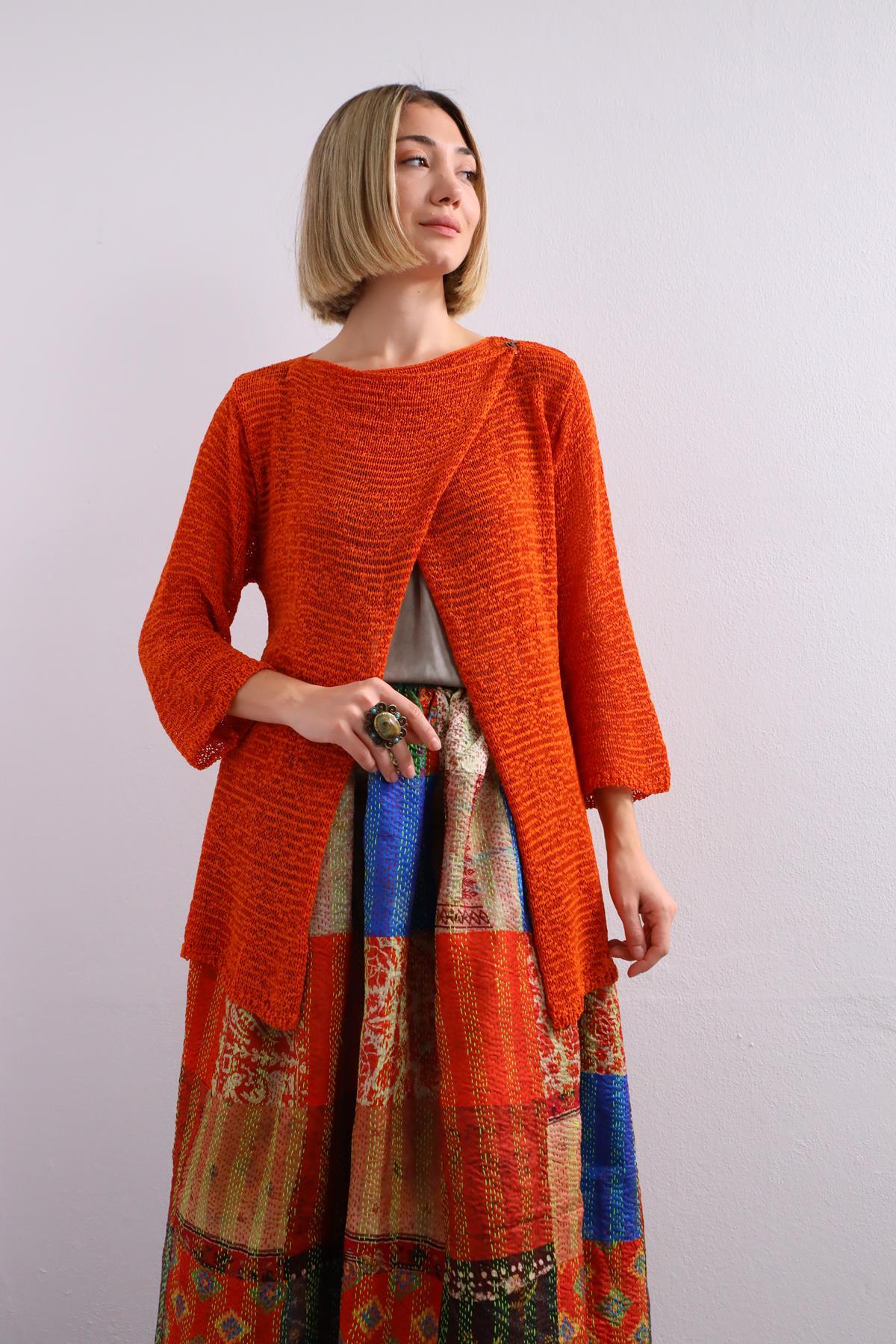  Turuncu Kanca Detaylı Merserize Hırka