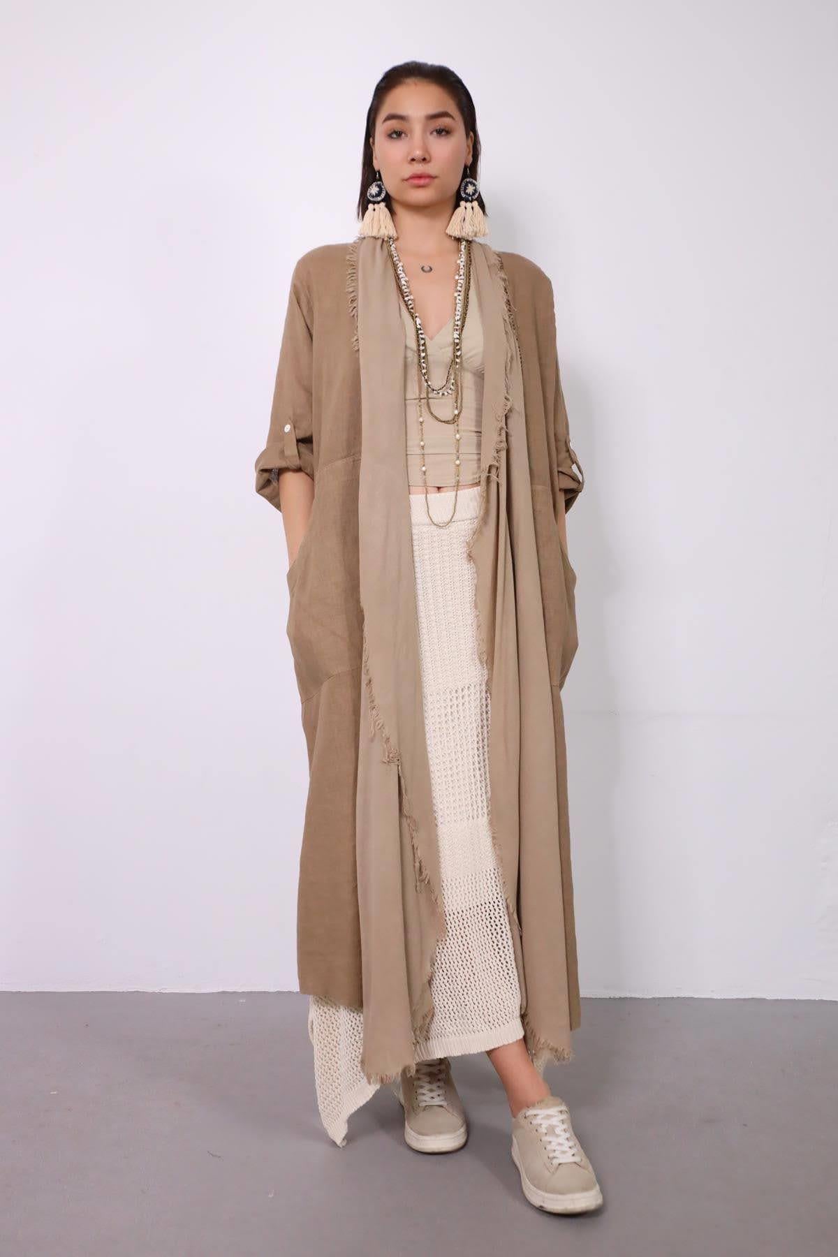 Kahverengi Sırt Detaylı Keten Kaftan - Şaman Butik - Bohem Giyim ve Aksesuar | Kadın & Erkek Kahverengi Sırt Detaylı Keten Kaftan
