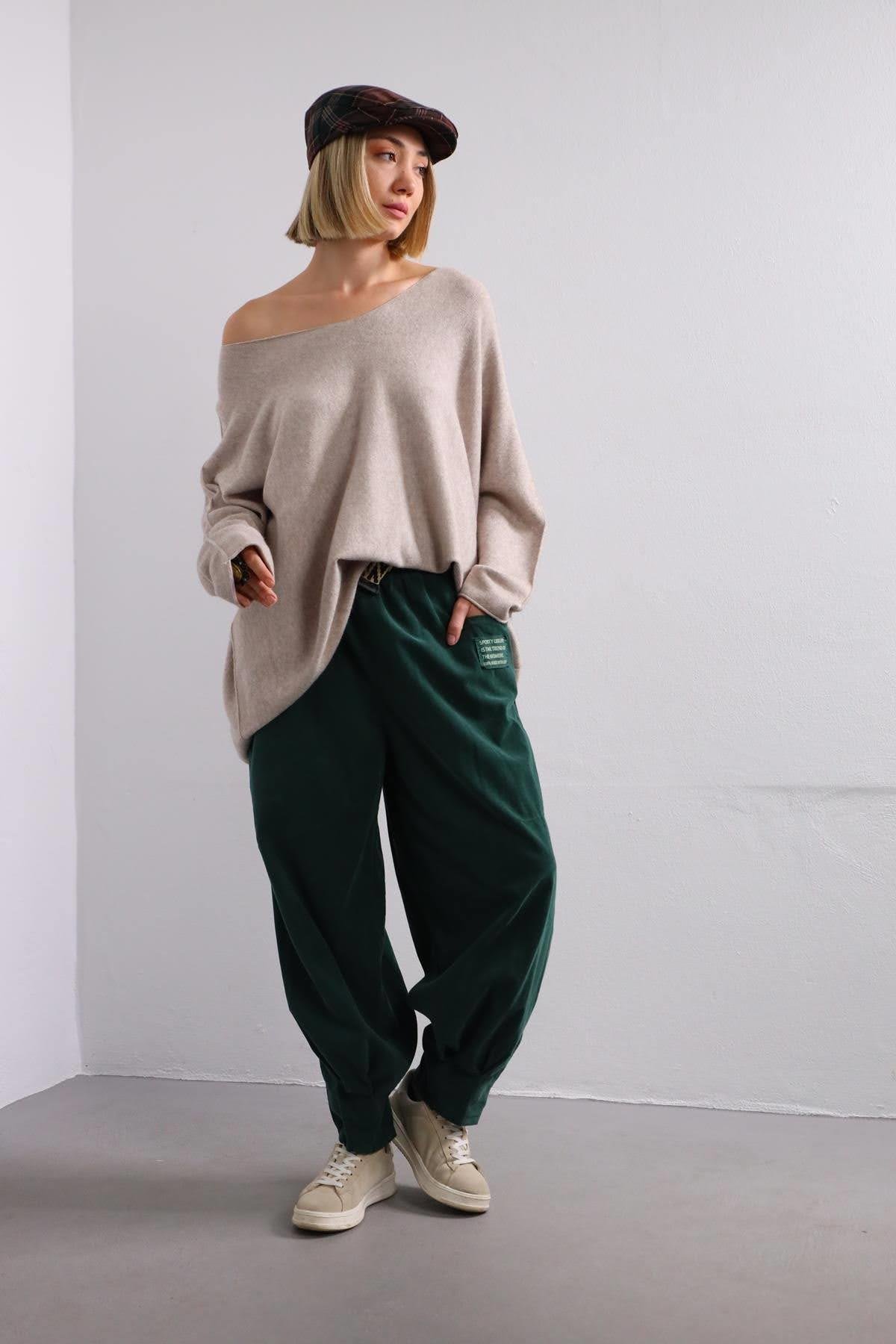 Zümrüt Yeşili Kemerli Kadife Pantolon - Şaman Butik Zümrüt Yeşili Kemerli Kadife Pantolon