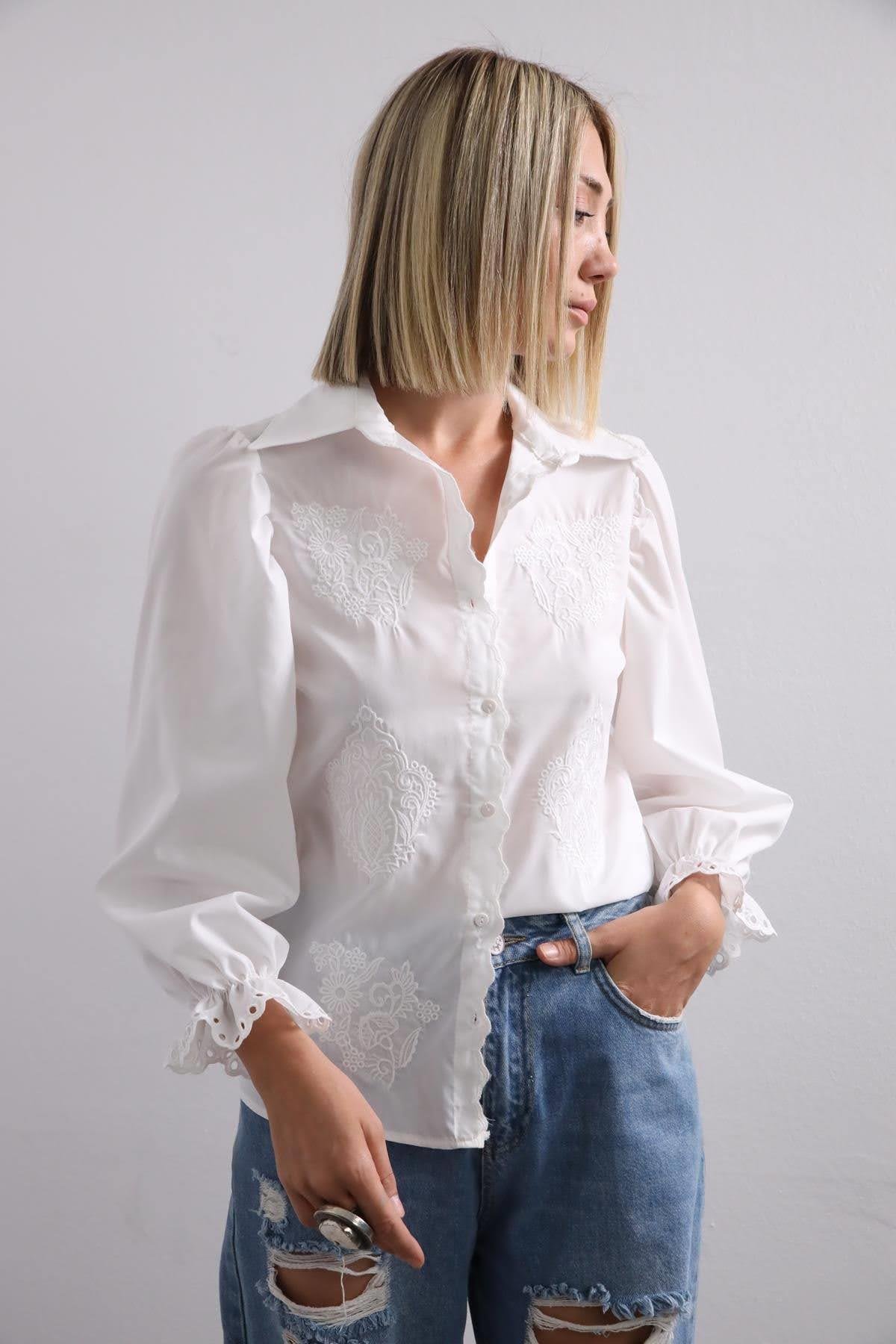 Navy Blue Floral Stitched Waist Shirt Dress - Şaman Butik White Guipure Detail Vintage Shirt