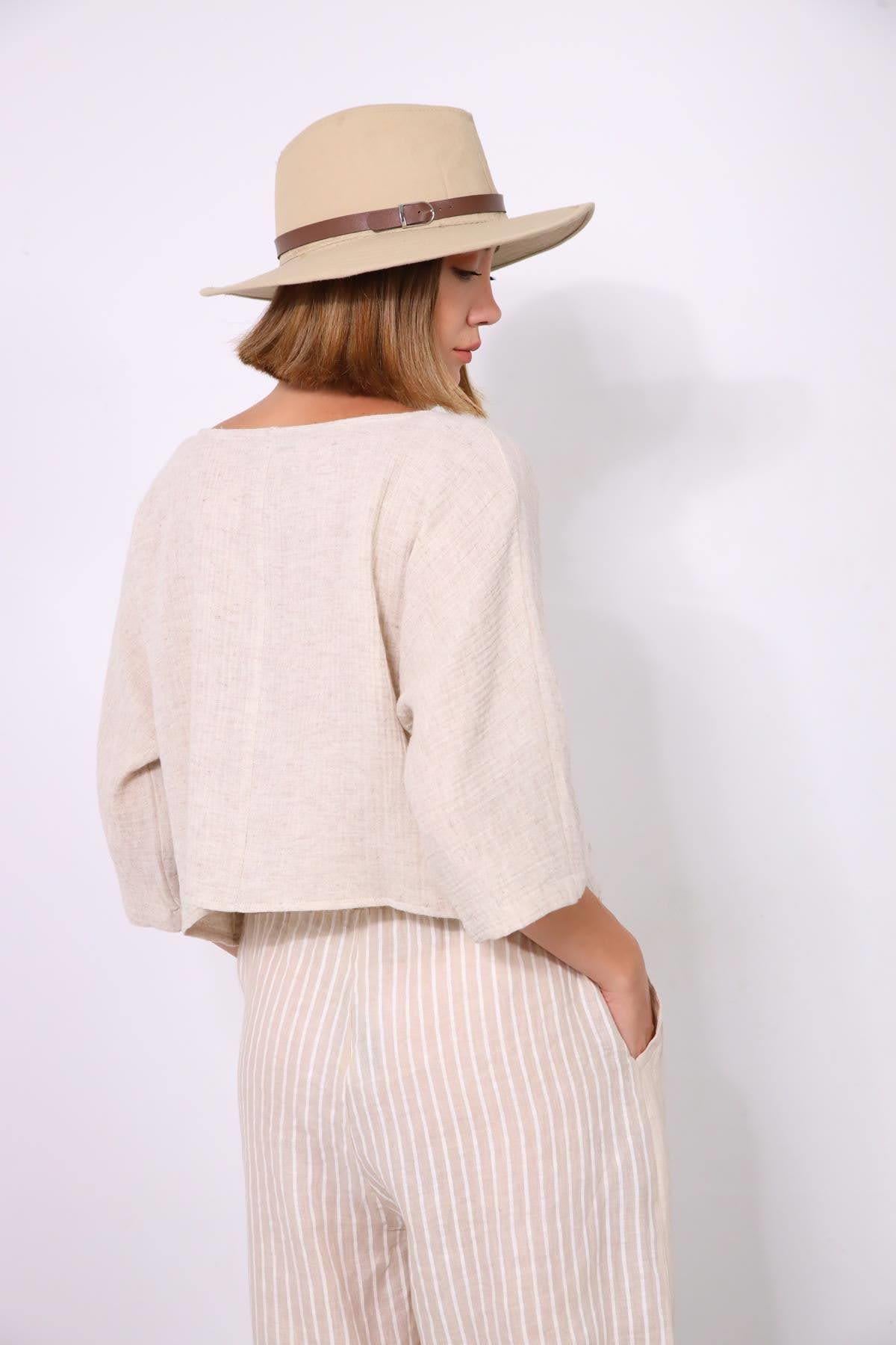 Krem Rengi Kayık Yaka Düşük Omuz Crop Bluz - Şaman Butik Krem Rengi Kayık Yaka Düşük Omuz Crop Bluz