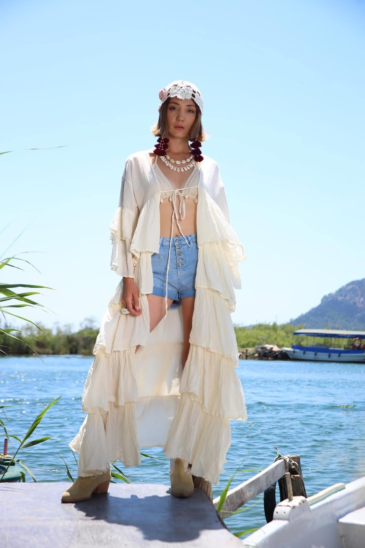  Ekru Volanlı Brit Detaylı Bohem Kimono