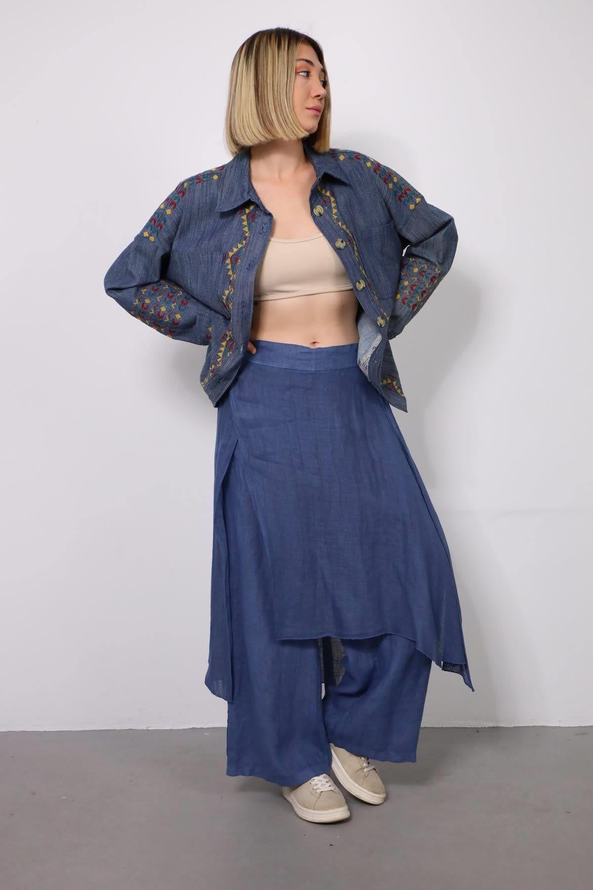 İndigo Mavisi Parça Detaylı Keten Pantolon - Şaman Butik İndigo Mavisi Parça Detaylı Keten Pantolon