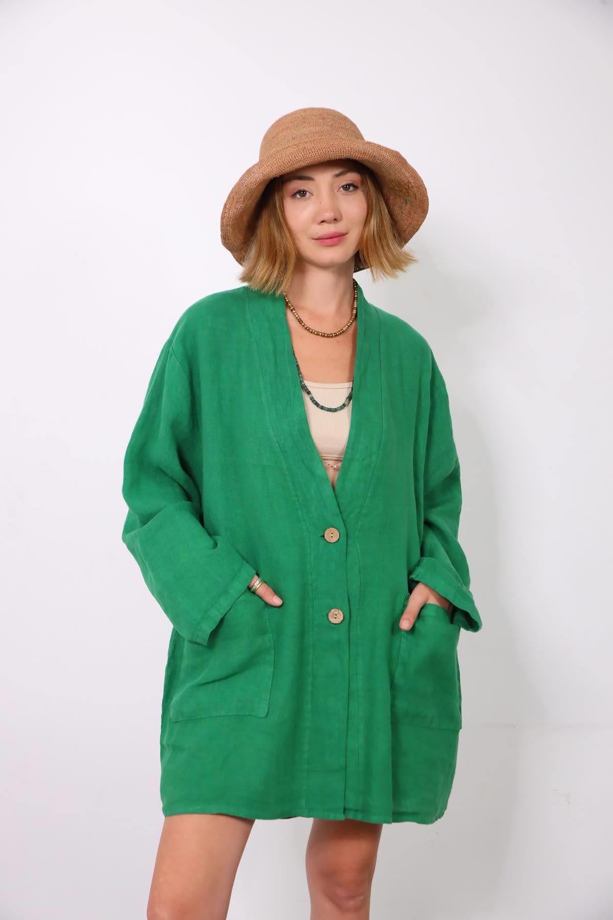 Yeşil Çift Cepli Keten Ceket - Şaman Butik Yeşil Çift Cepli Keten Ceket