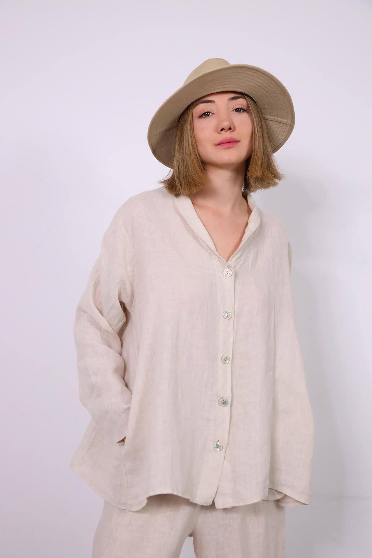  Krem Rengi Cep Detaylı Gömlek Pantolon Keten Takım