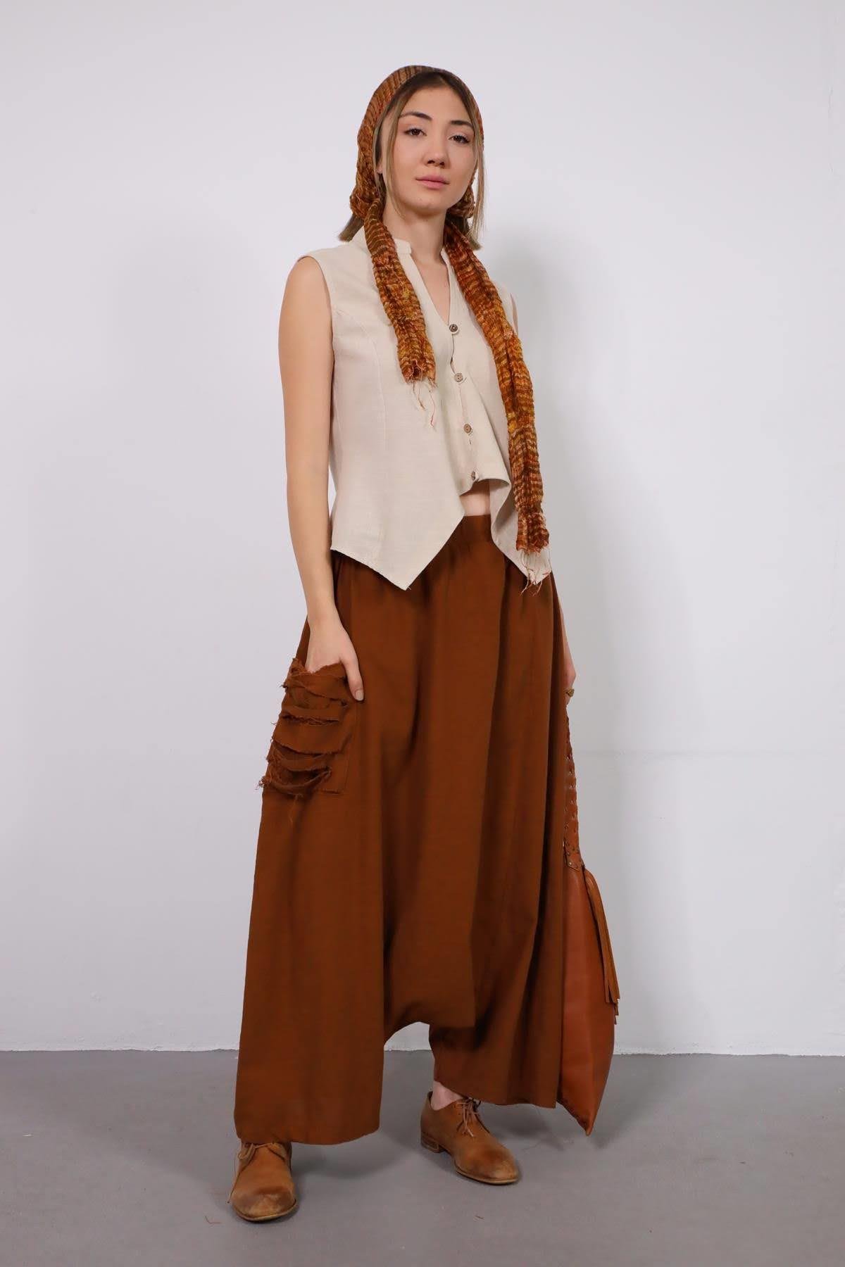 Acı Kahve Cebi Yırtık Detaylı Keten Şalvar