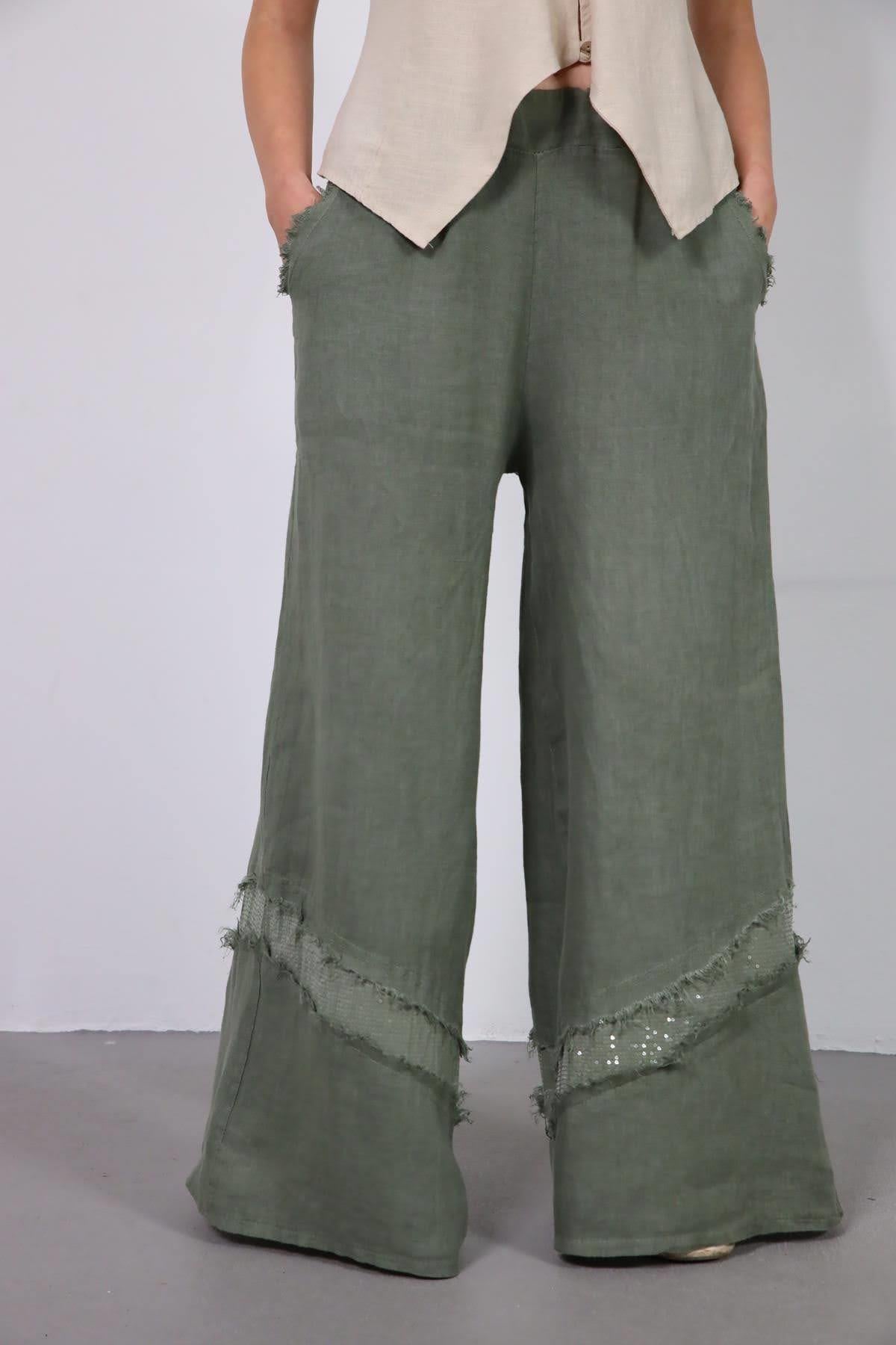 Haki Cebi Püsküllü Paçası Payetli Pantolon - Şaman Butik Haki Cebi Püsküllü Paçası Payetli Pantolon