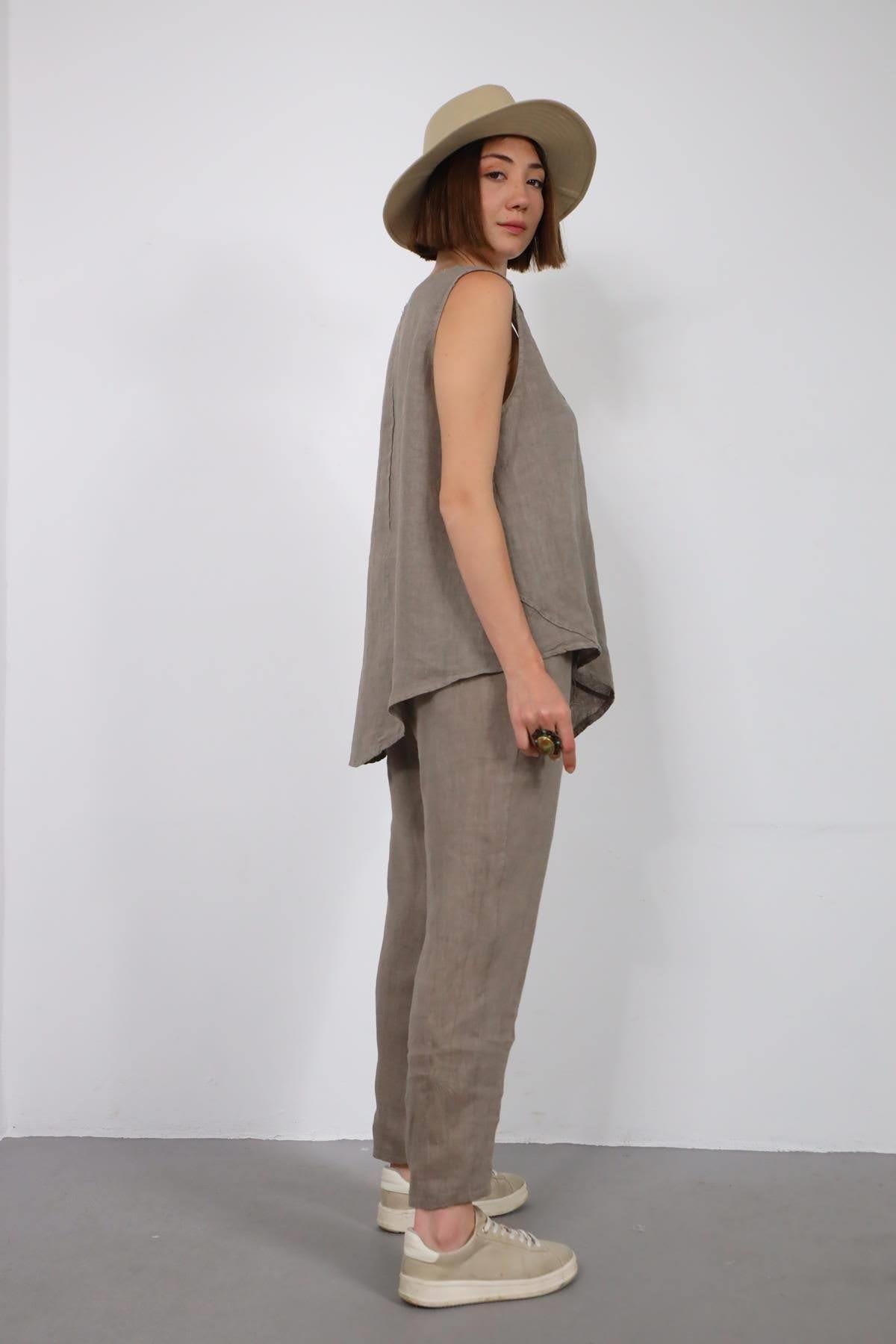  Vizon Rengi Dikişli Sıfır Kol Bluz ve Pantolon Keten Takım