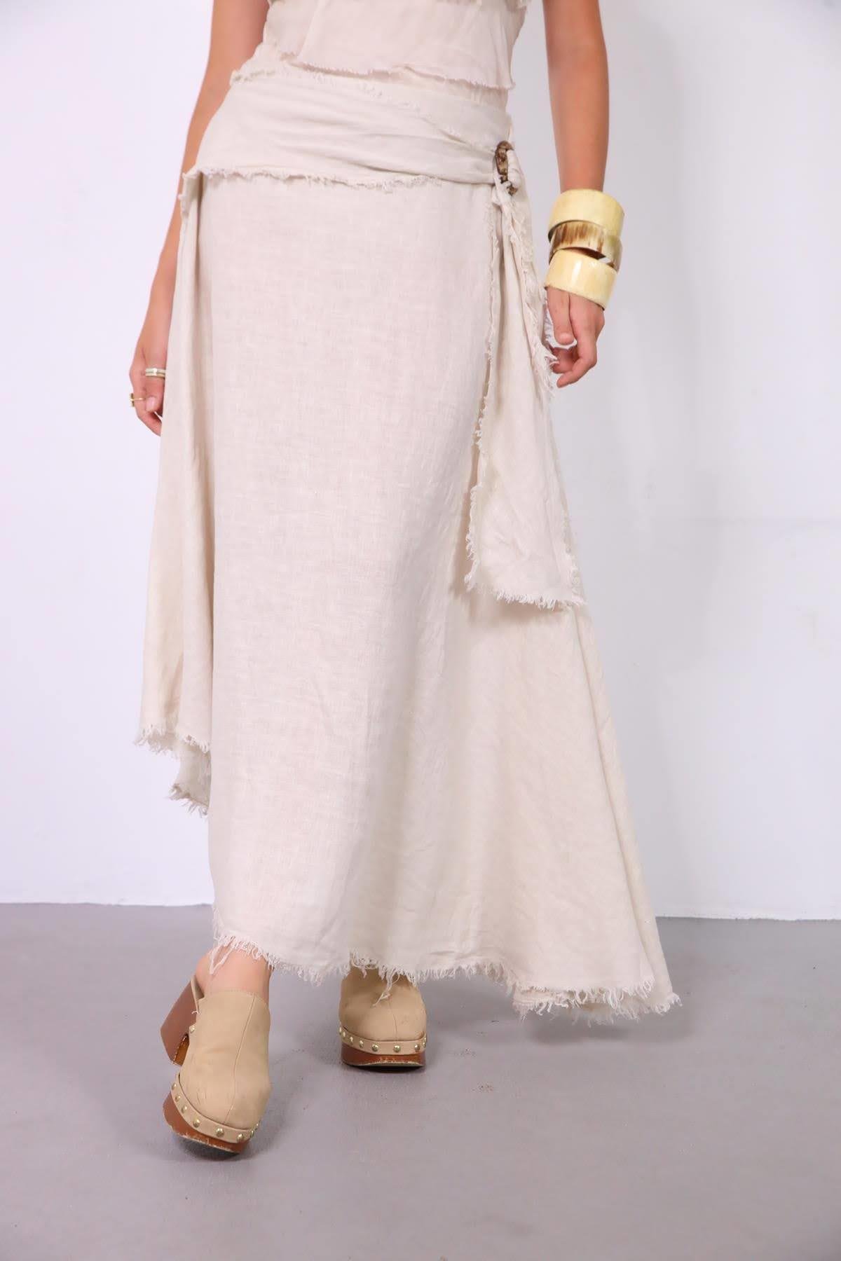  Krem Rengi Püsküllü Kemerli Keten Etek