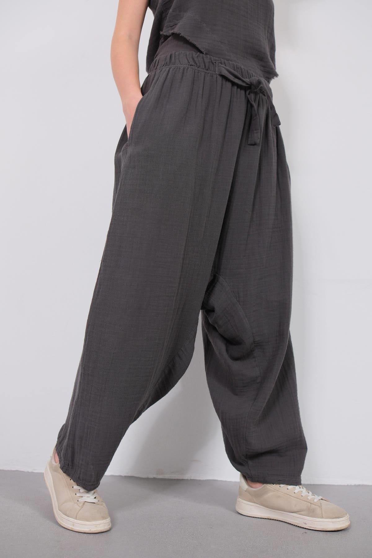  Antrasit Beli İpli Müslin Şalvar