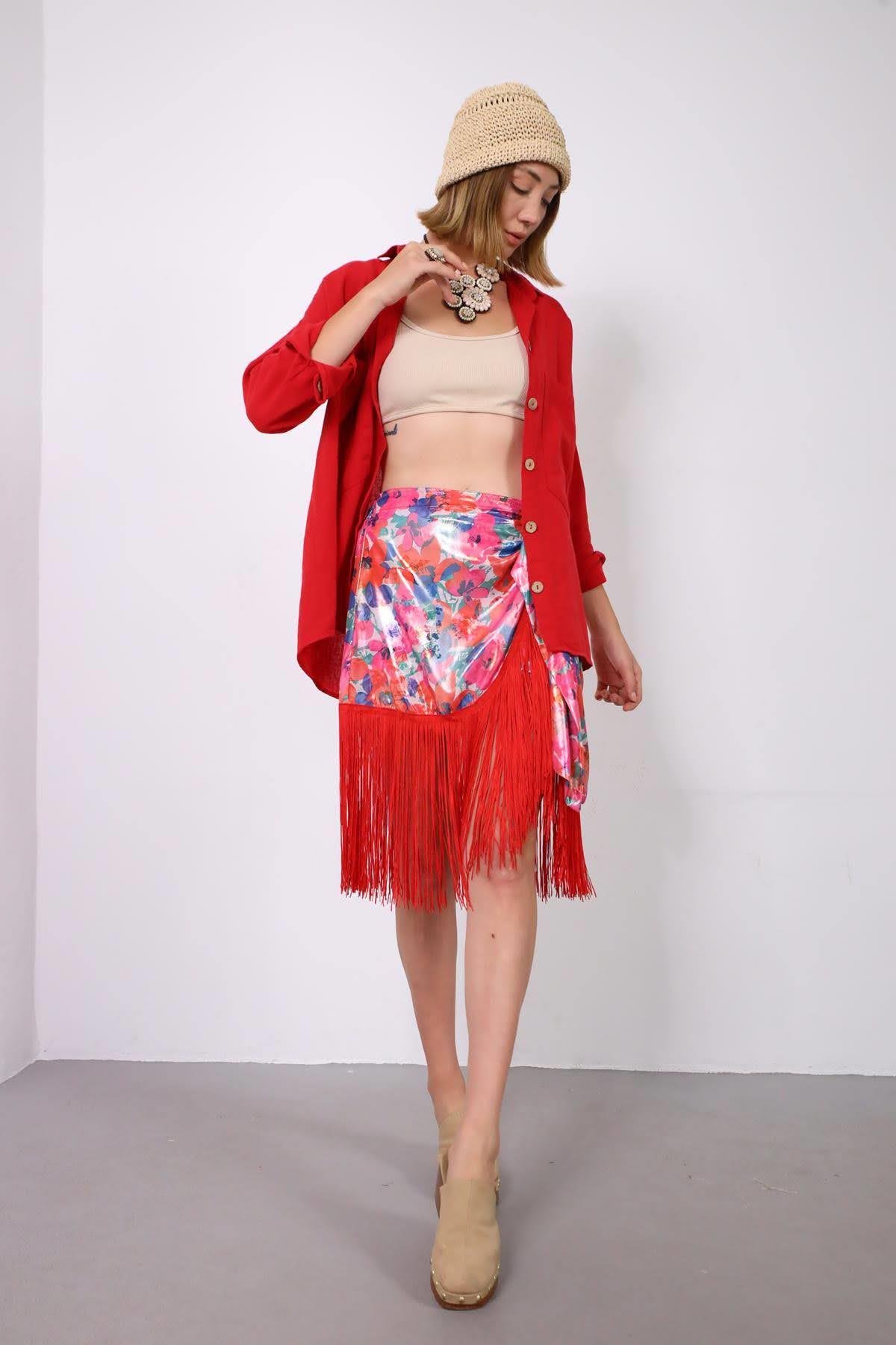  Kırmızı Püsküllü Kemer Detaylı İpek Etek