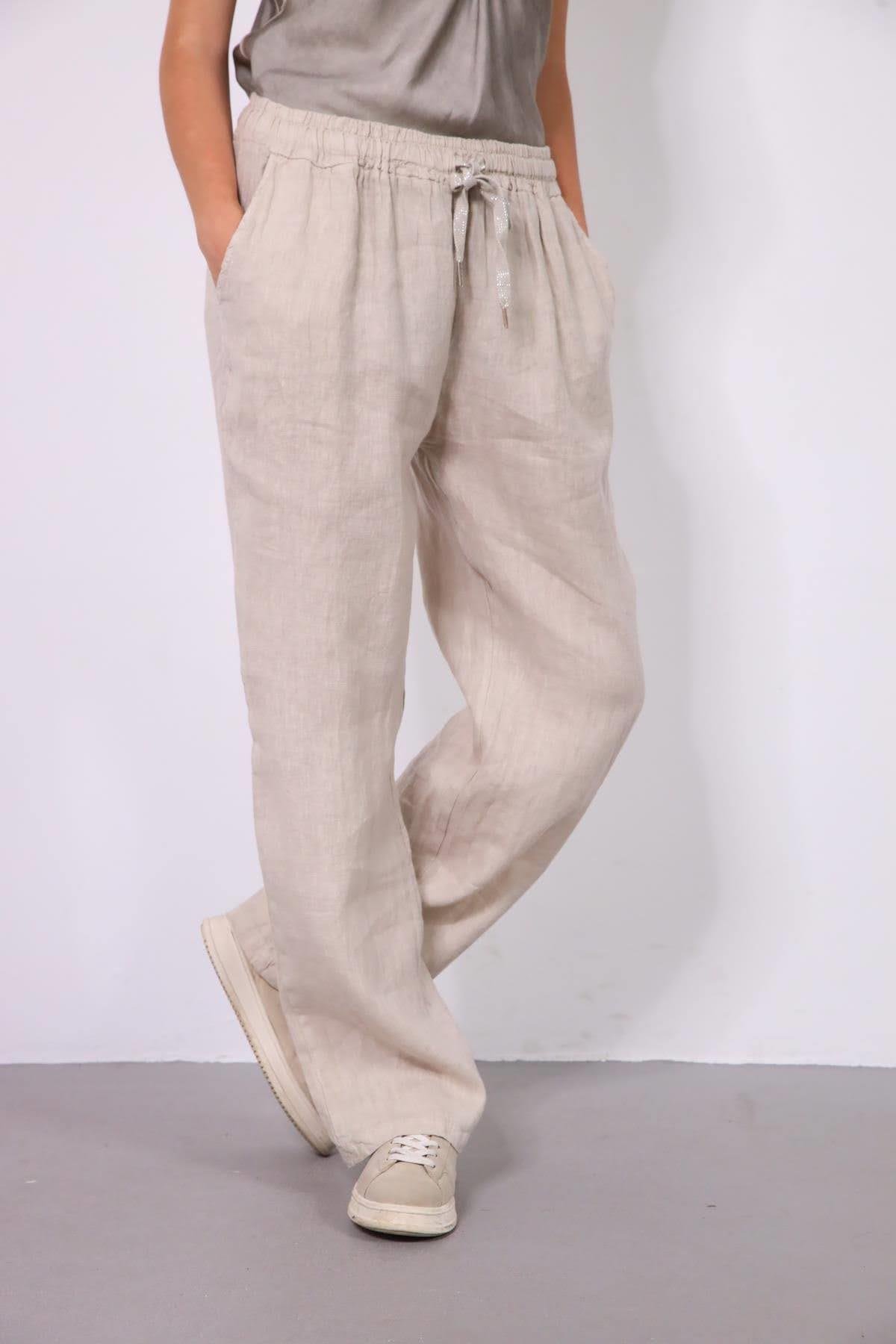 Krem Rengi Boru Paça Keten Pantolon - Şaman Butik Krem Rengi Boru Paça Keten Pantolon