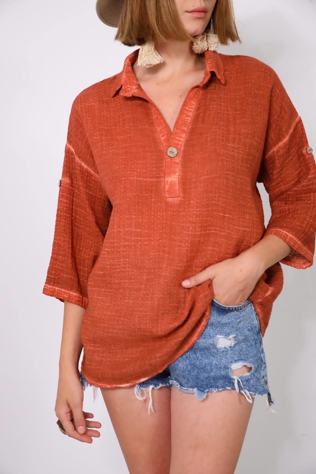  Kiremit Rengi Yağ Yıkama Müslin Tek Düğmeli Gömlek