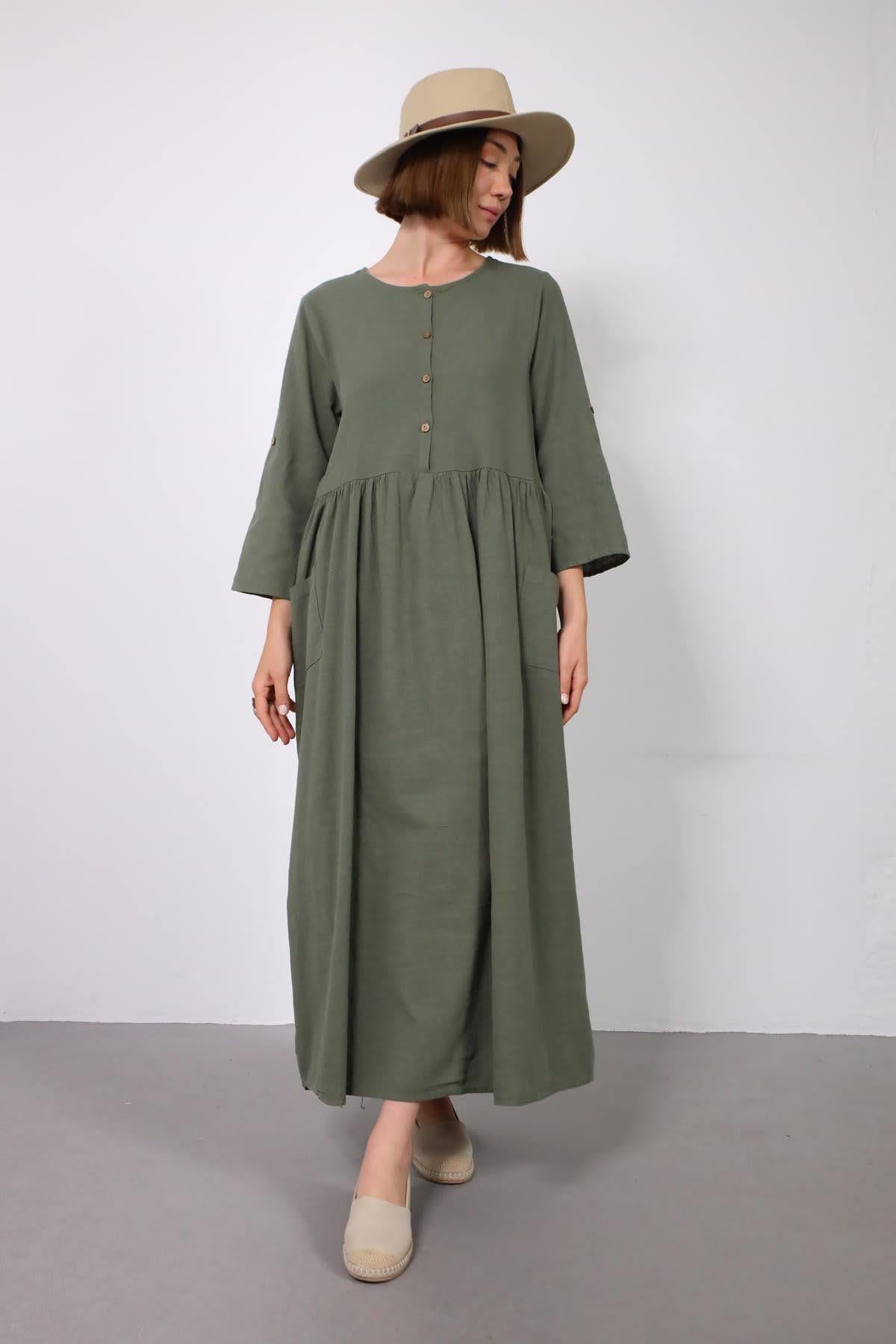 Haki Yakası Düğmeli Çift Cepli Keten Balon Elbise - Şaman Butik Haki Yakası Düğmeli Çift Cepli Keten Balon Elbise