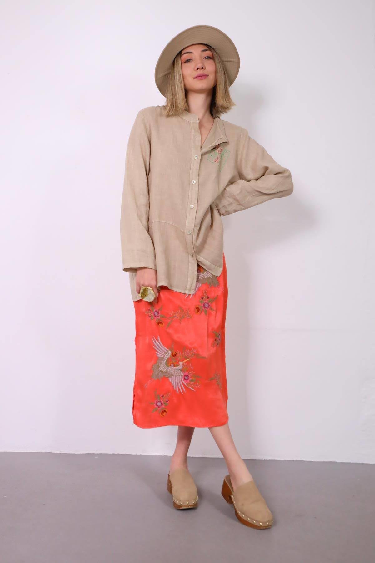 Turuncu Yırtmaçlı Fermuarlı İşlemeli Bohem Etek - Şaman Butik - Bohem Giyim ve Aksesuar | Kadın & Erkek Turuncu Yırtmaçlı Fermuarlı İşlemeli Bohem Etek