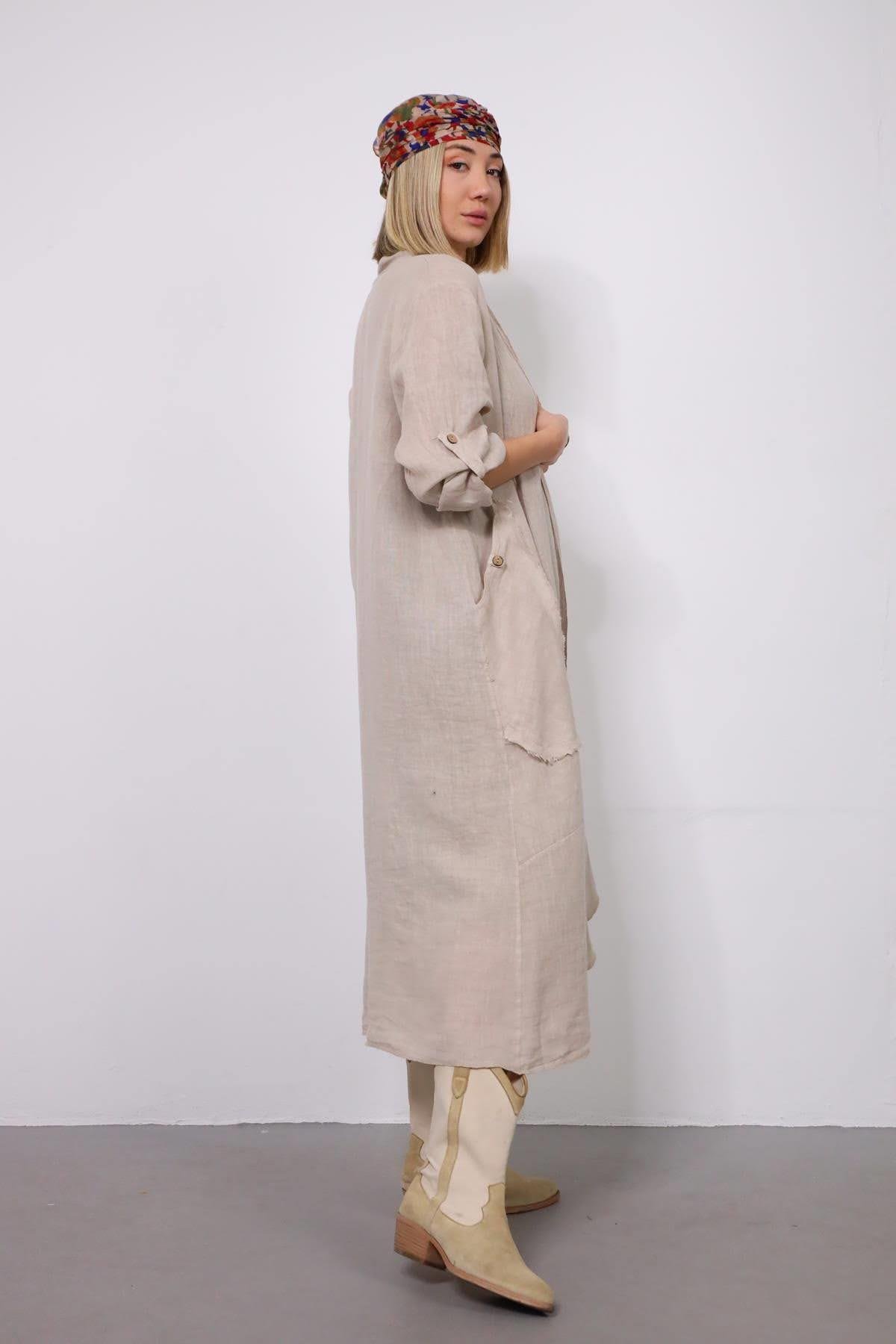 Krem Cebi Düğmeli Keten Kaftan - Şaman Butik - Bohem Giyim ve Aksesuar | Kadın & Erkek Krem Cebi Düğmeli Keten Kaftan
