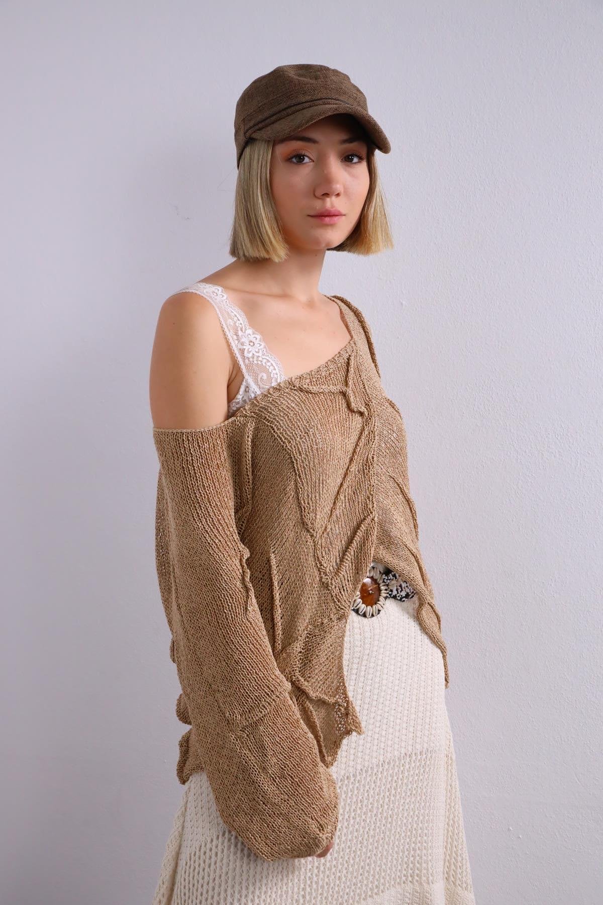 Camel Rengi Kare Yaka Dikiş Detay Merserize Bluz - Şaman Butik Camel Rengi Kare Yaka Dikiş Detay Merserize Bluz