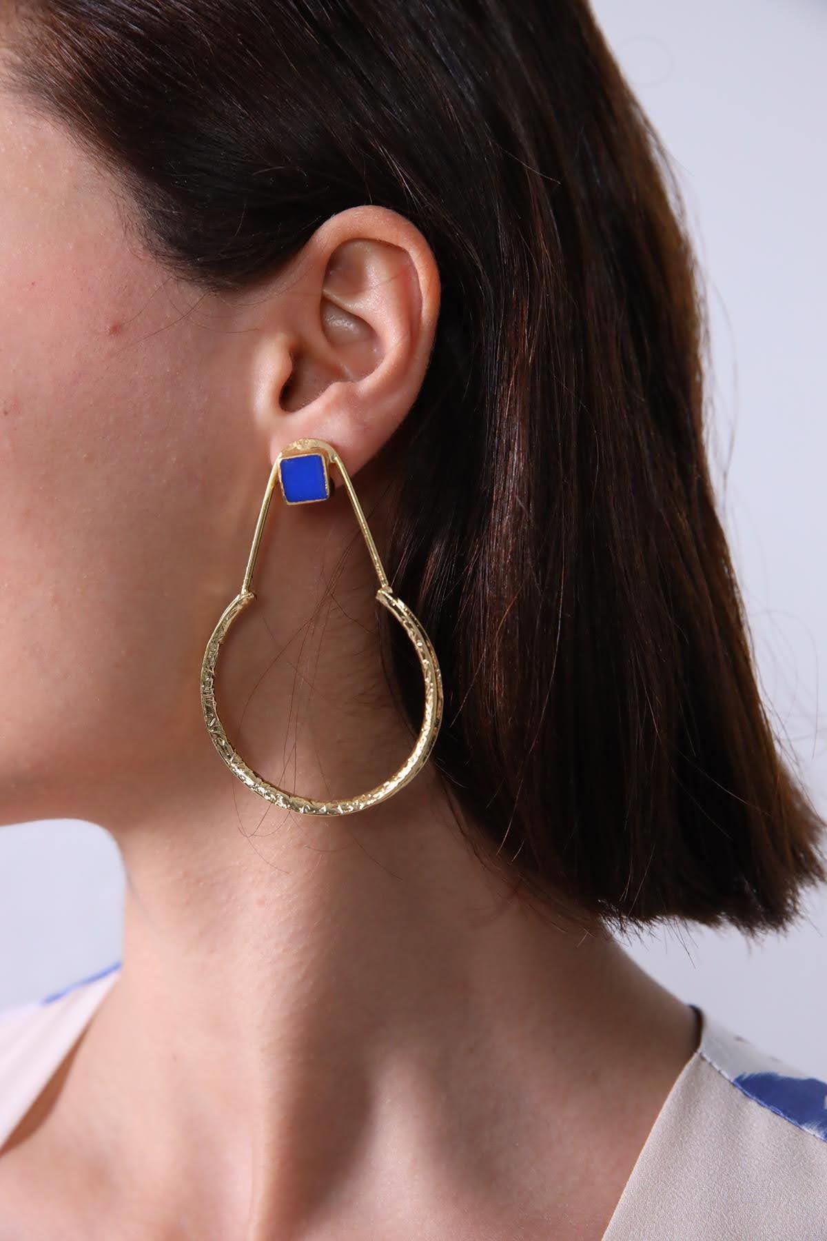 Lapis Taşlı Altın Kaplama Büyük Küpe - Şaman Butik Lapis Taşlı Altın Kaplama Büyük Küpe