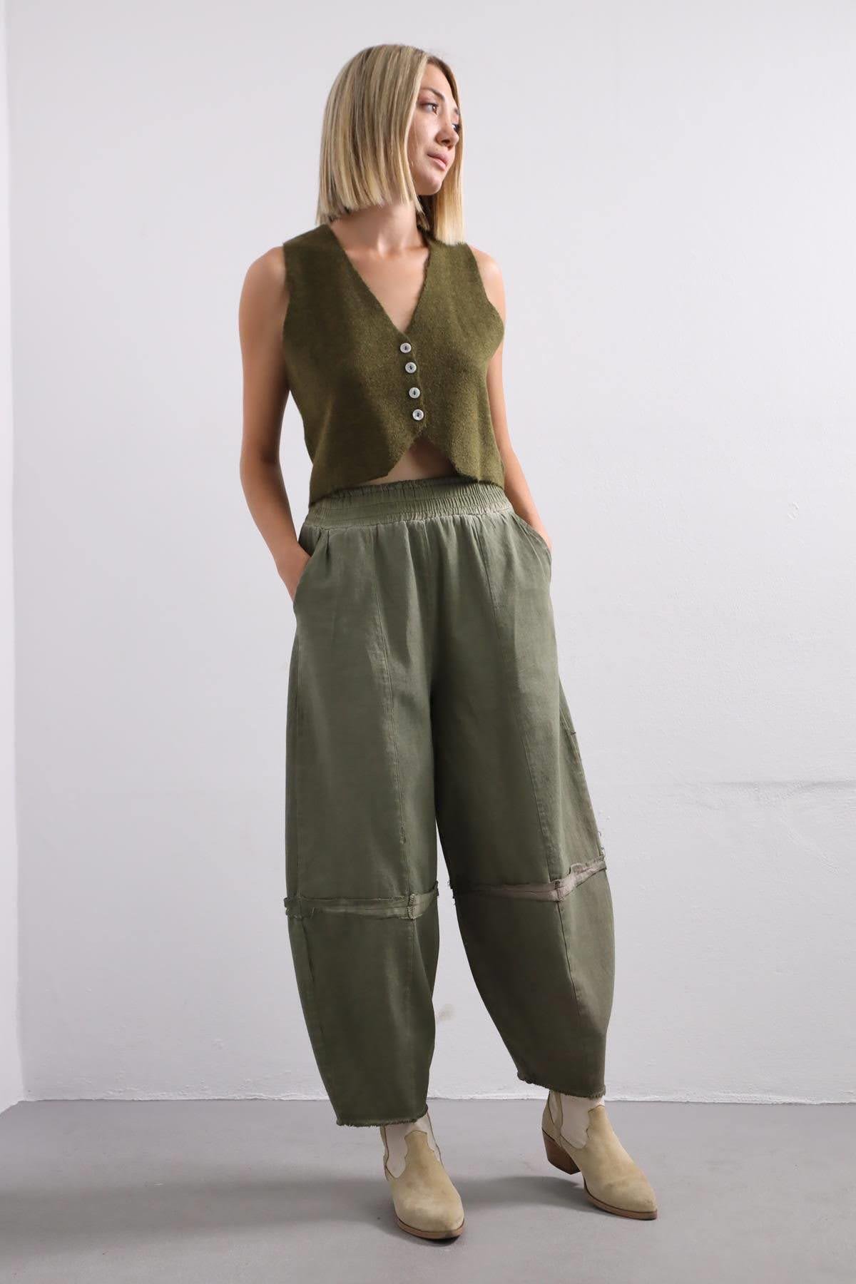 Haki Yağ Yıkama Dikiş Detaylı Pantolon - Şaman Butik Haki Yağ Yıkama Dikiş Detaylı Pantolon