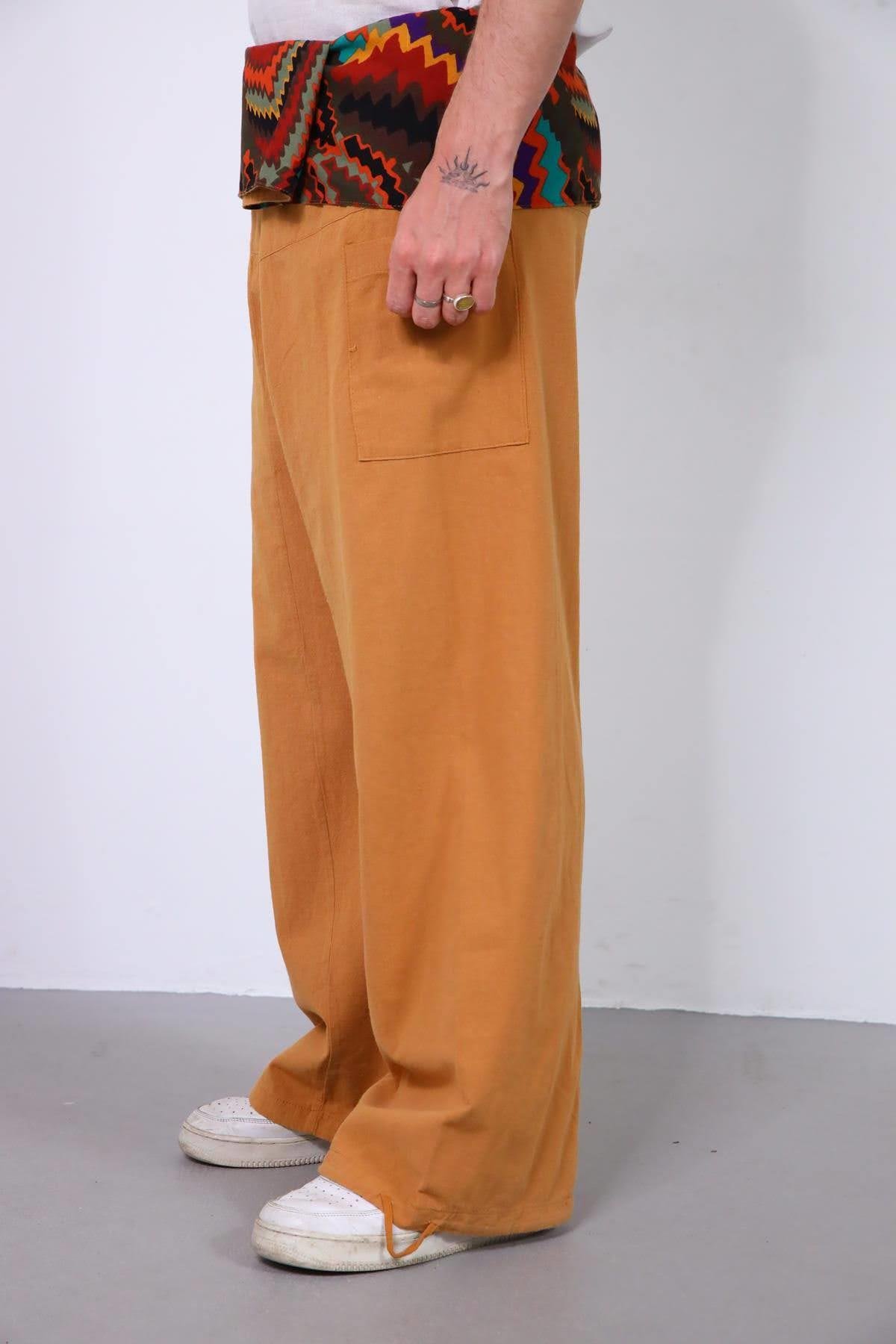  Hardal Rengi Beli Desenli Balıkçı Pantolon