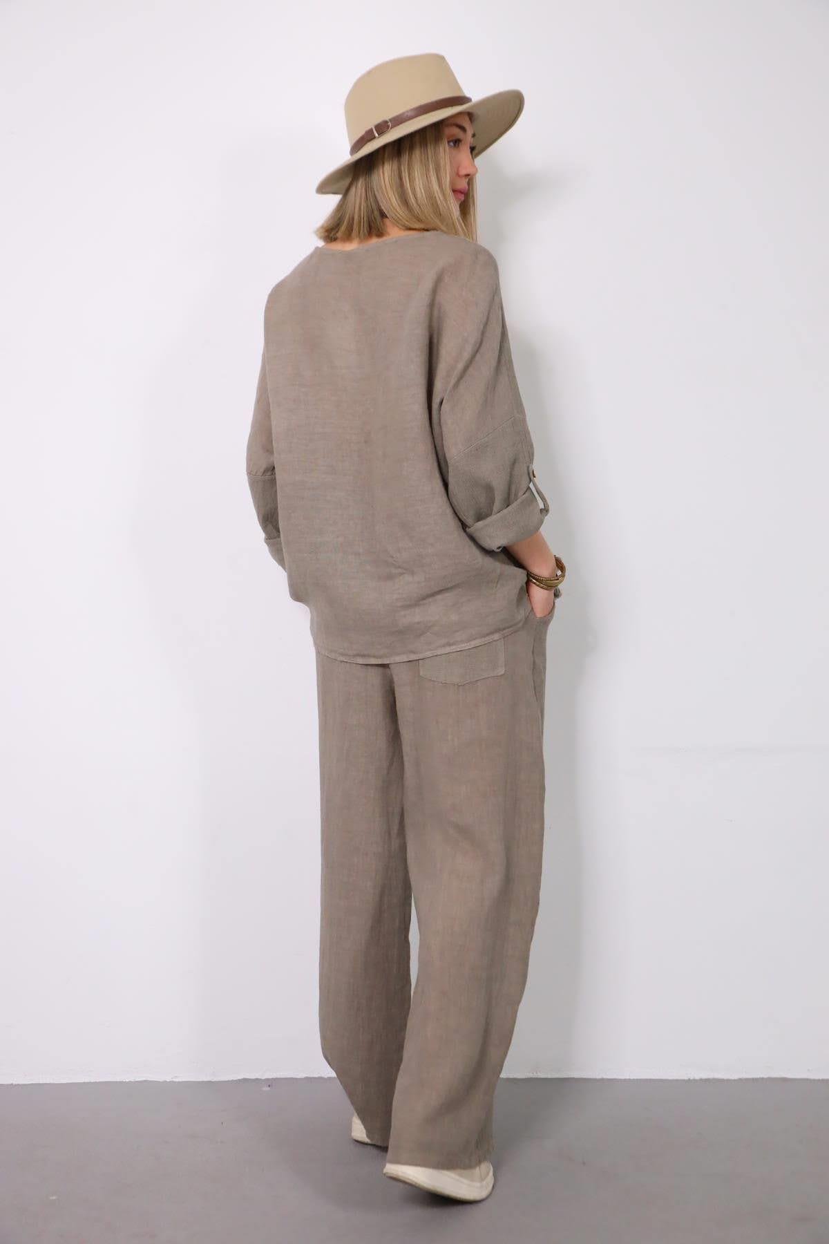  Vizon Rengi Püsküllü Örme Pamuk Detaylı Keten Takım