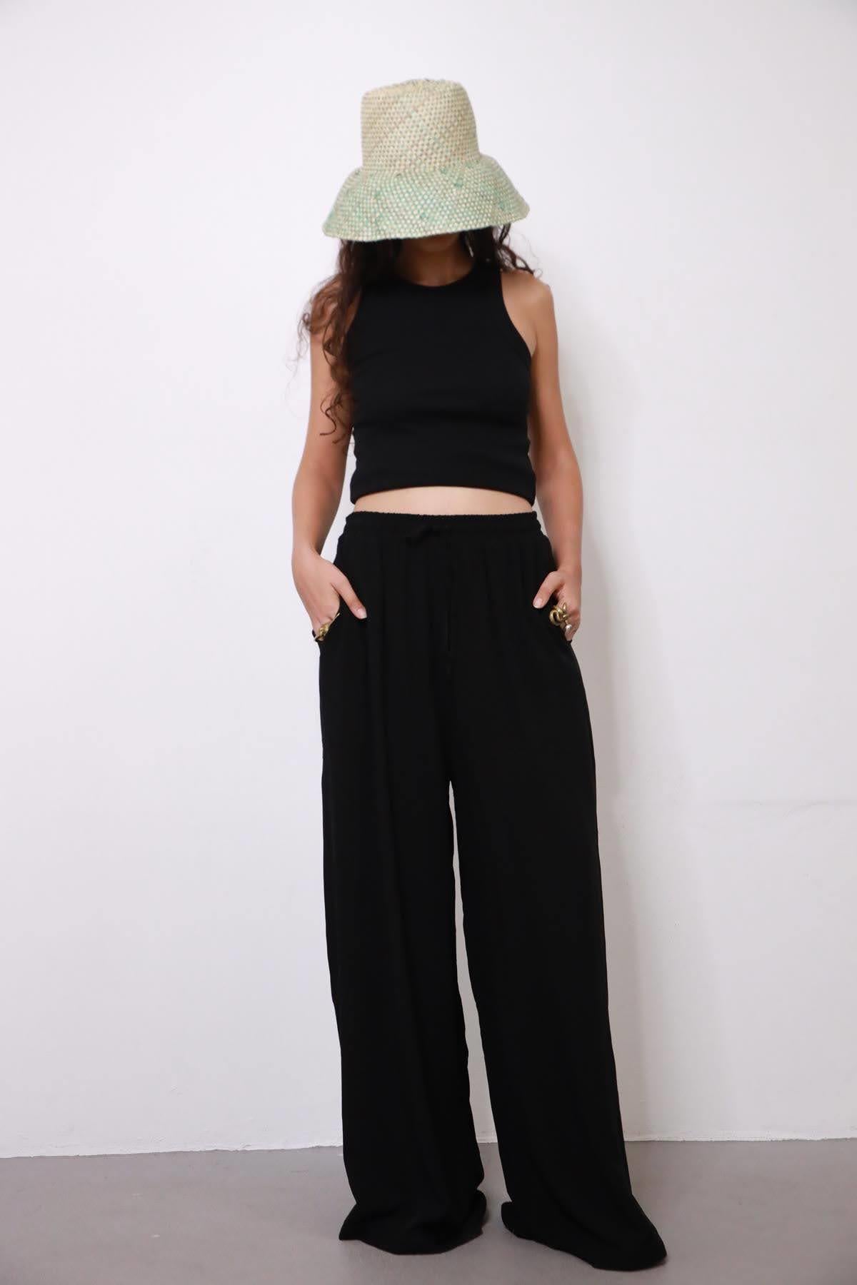 Siyah Salaş Beli Lastikli Pantolon - Şaman Butik Siyah Salaş Beli Lastikli Pantolon