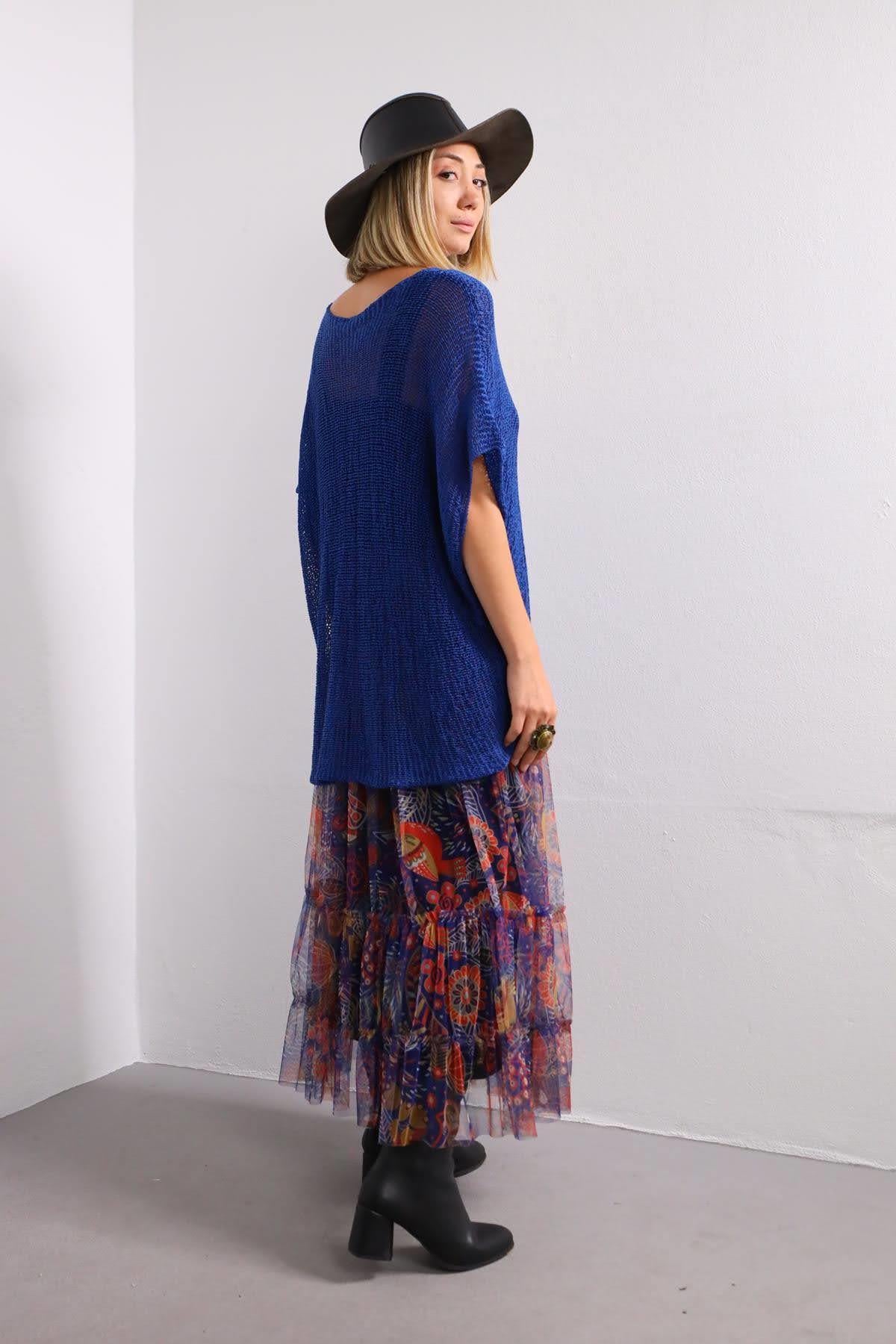 Saks Mavisi Tek Düğme Judith Merserize Tunik - Şaman Butik Saks Mavisi Tek Düğme Judith Merserize Tunik