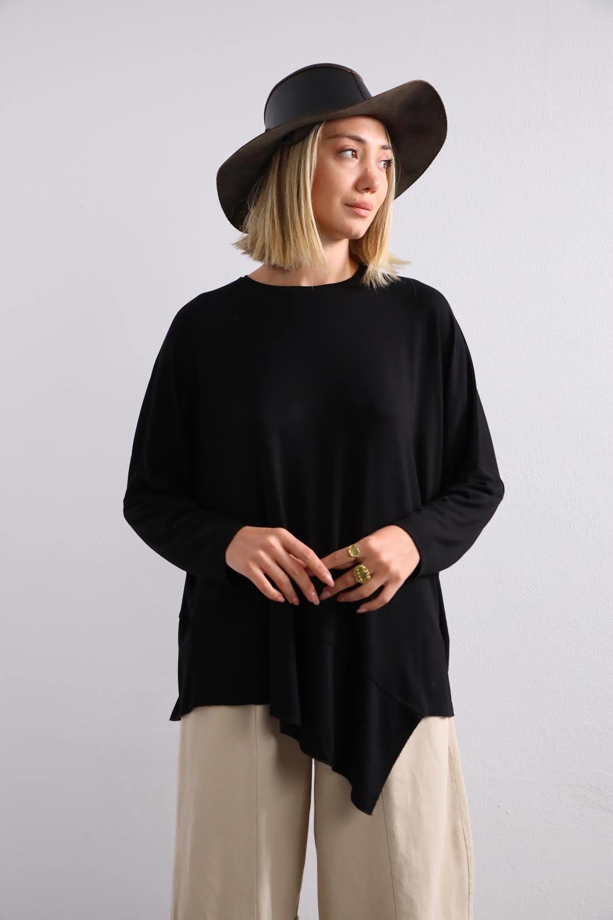 Black Patched Hem Blouse - Saman Butik | Boho Fashion Black Patched Hem Blouse