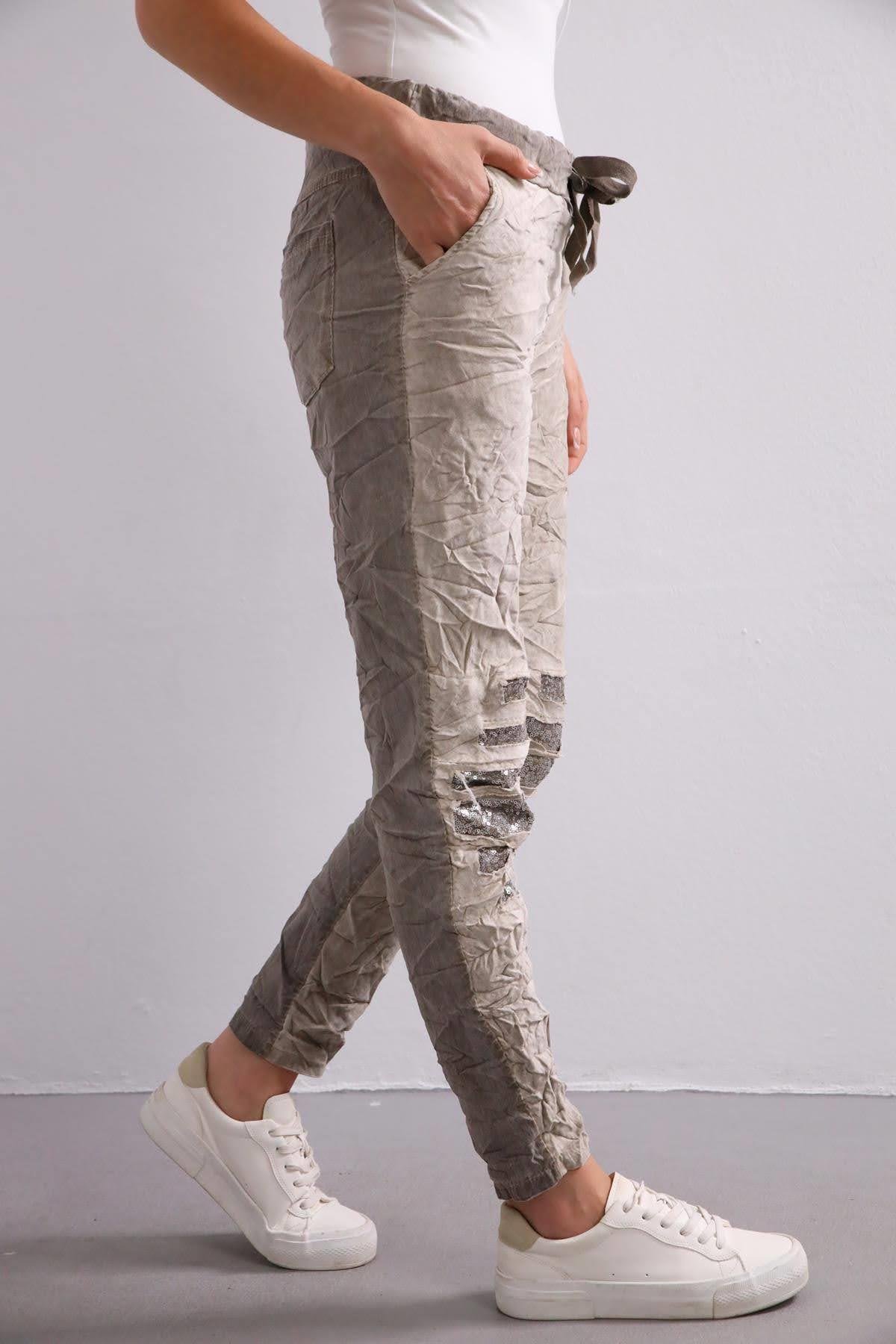 Vizon Rengi Pul Yamalı Pantolon - Şaman Butik Vizon Rengi Pul Yamalı Pantolon