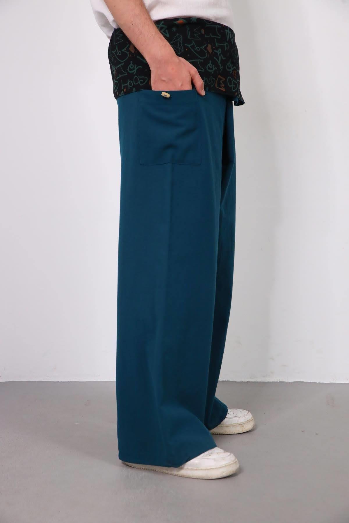  Petrol Mavisi Beli Desenli Balıkçı Pantolon