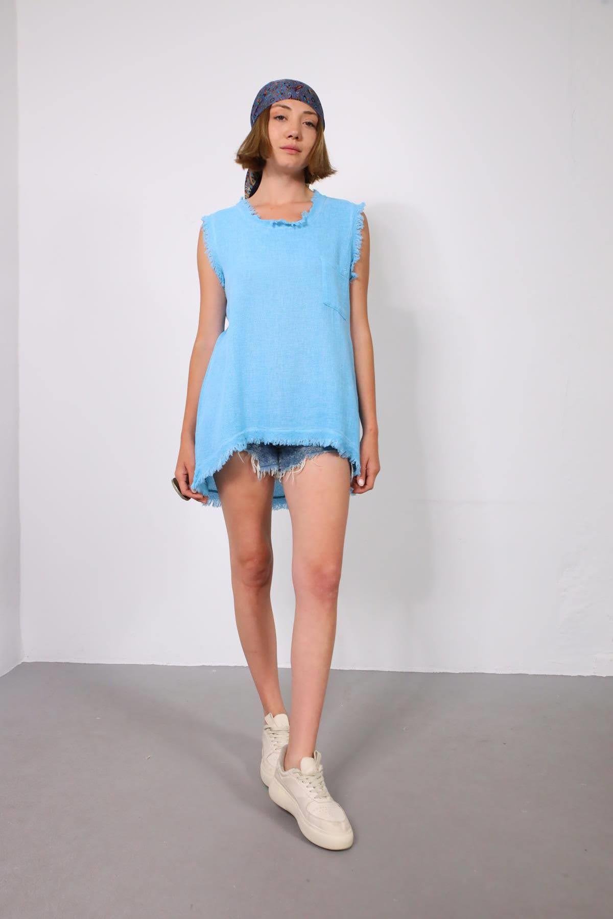 Mavi Arkası Uzun Tek Cepli Püsküllü Bluz - Şaman Butik Mavi Arkası Uzun Tek Cepli Püsküllü Bluz