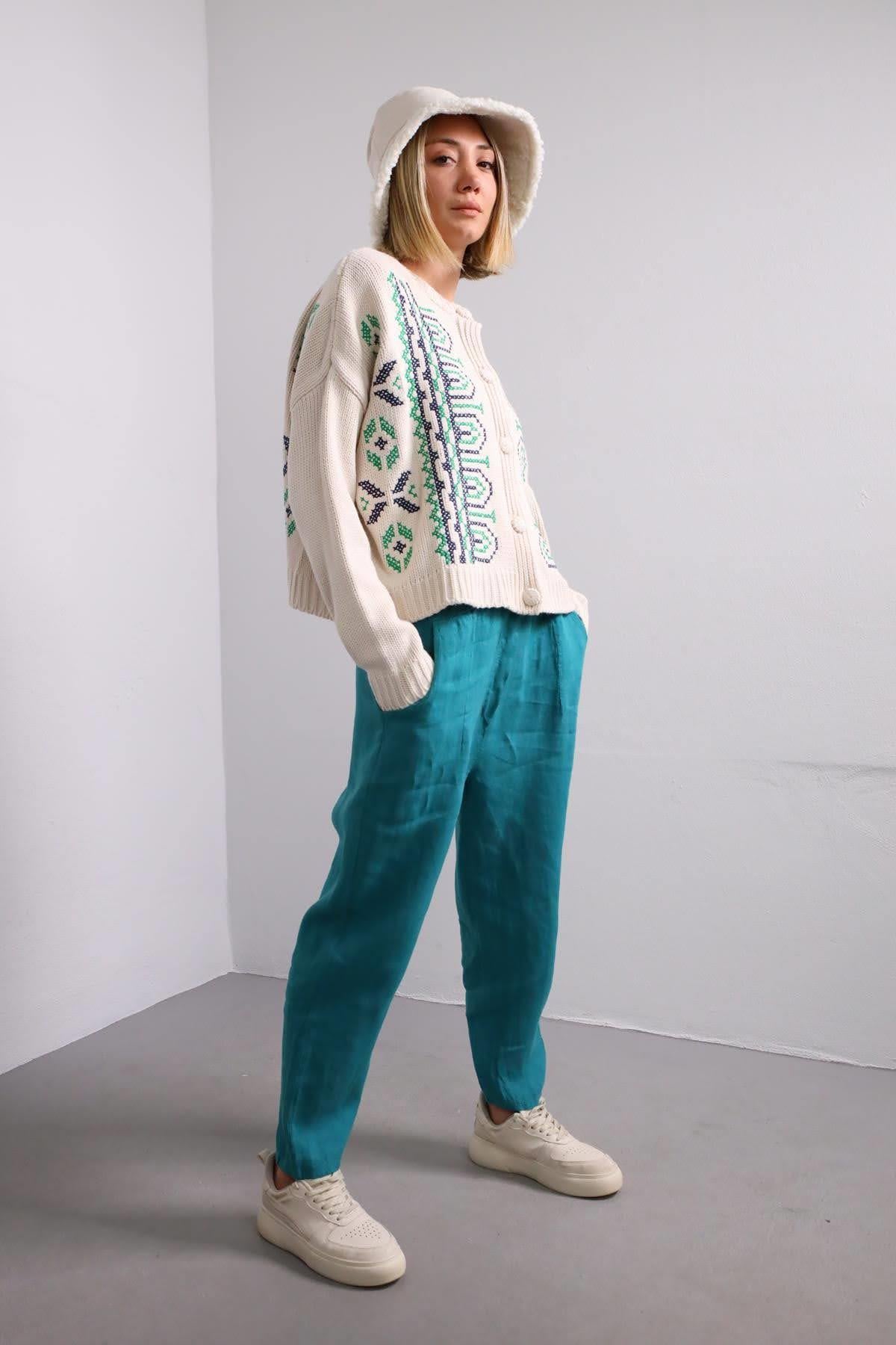 Petrol Mavisi Keten Judith Pantolon - Şaman Butik Petrol Mavisi Keten Judith Pantolon