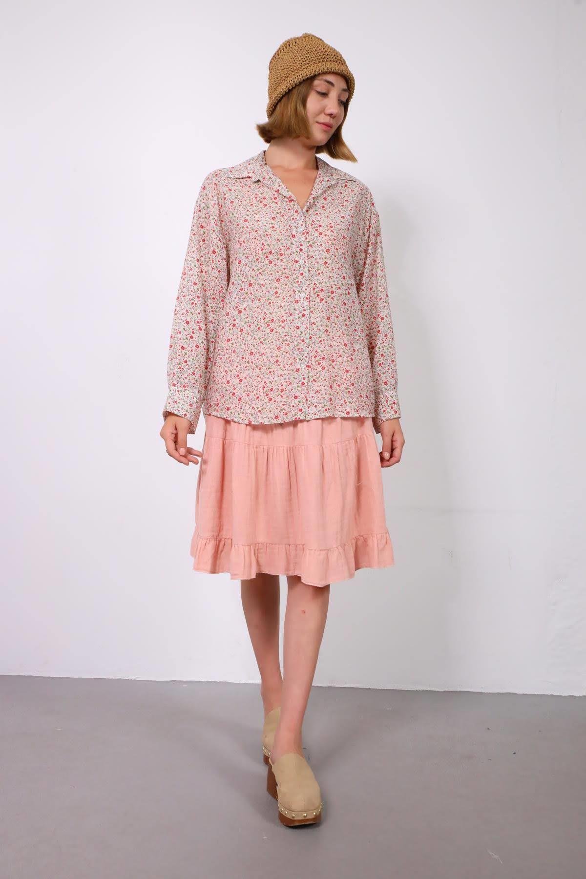  Pudra Pembe Asimetrik Püsküllü Müslin Etek