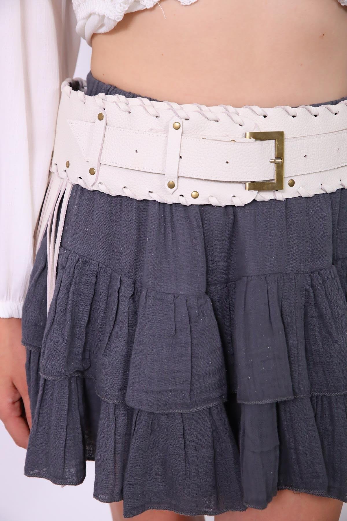  Krem Rengi Püsküllü Deri Kemer