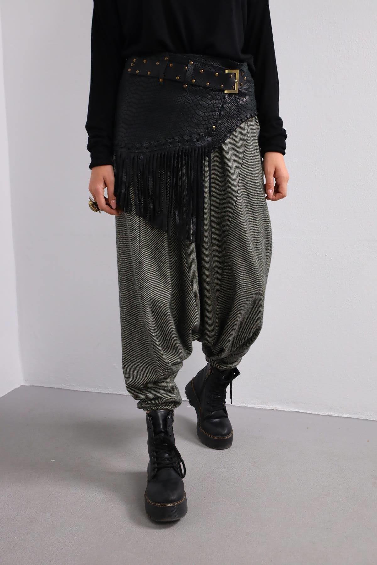  Antrasit Gipe Bel Detaylı Kışlık Şalvar Pantolon