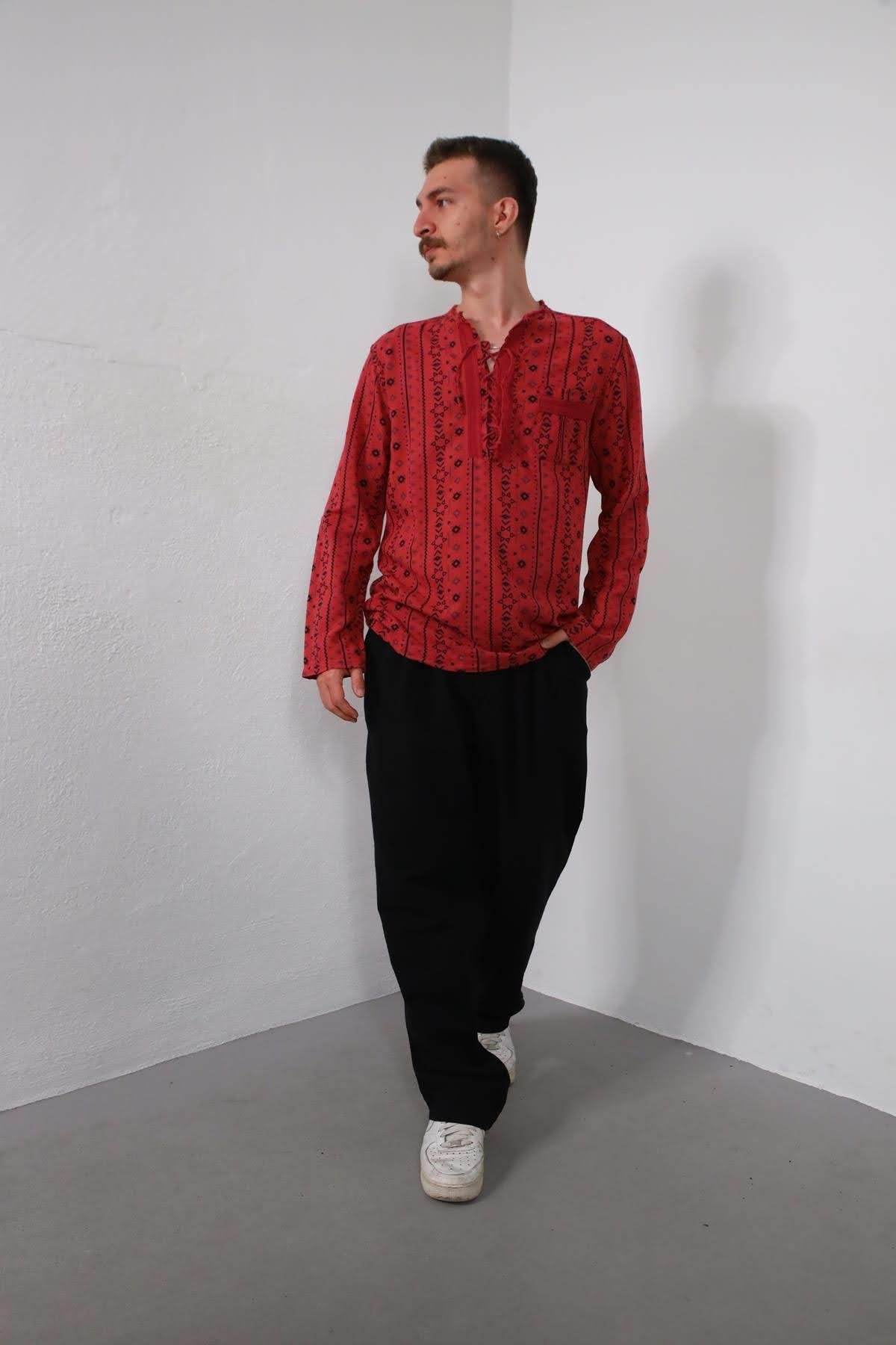  Bordo Yakası Bağcıklı Baskılı Erkek Gömlek