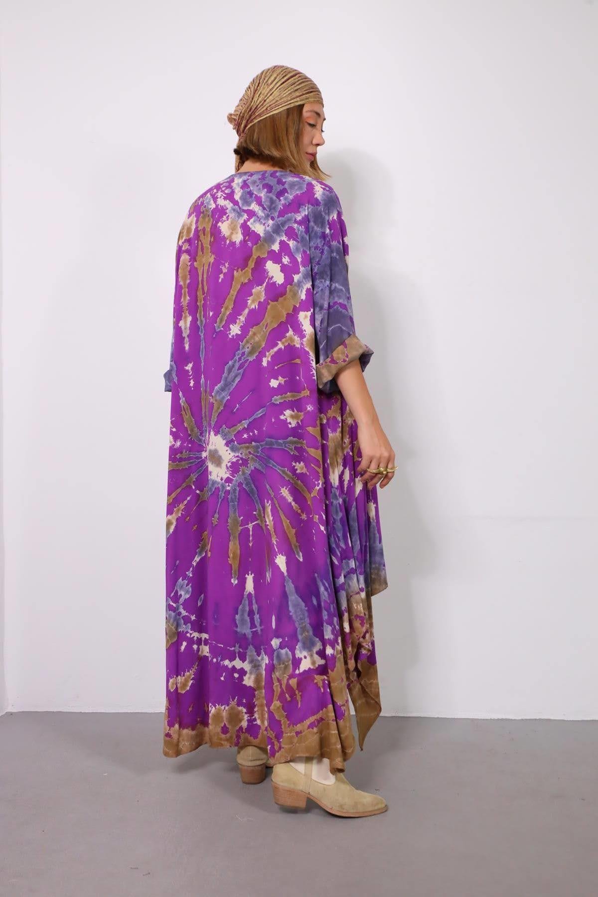  Mor Batik Desenli Cep Detay Kaftan