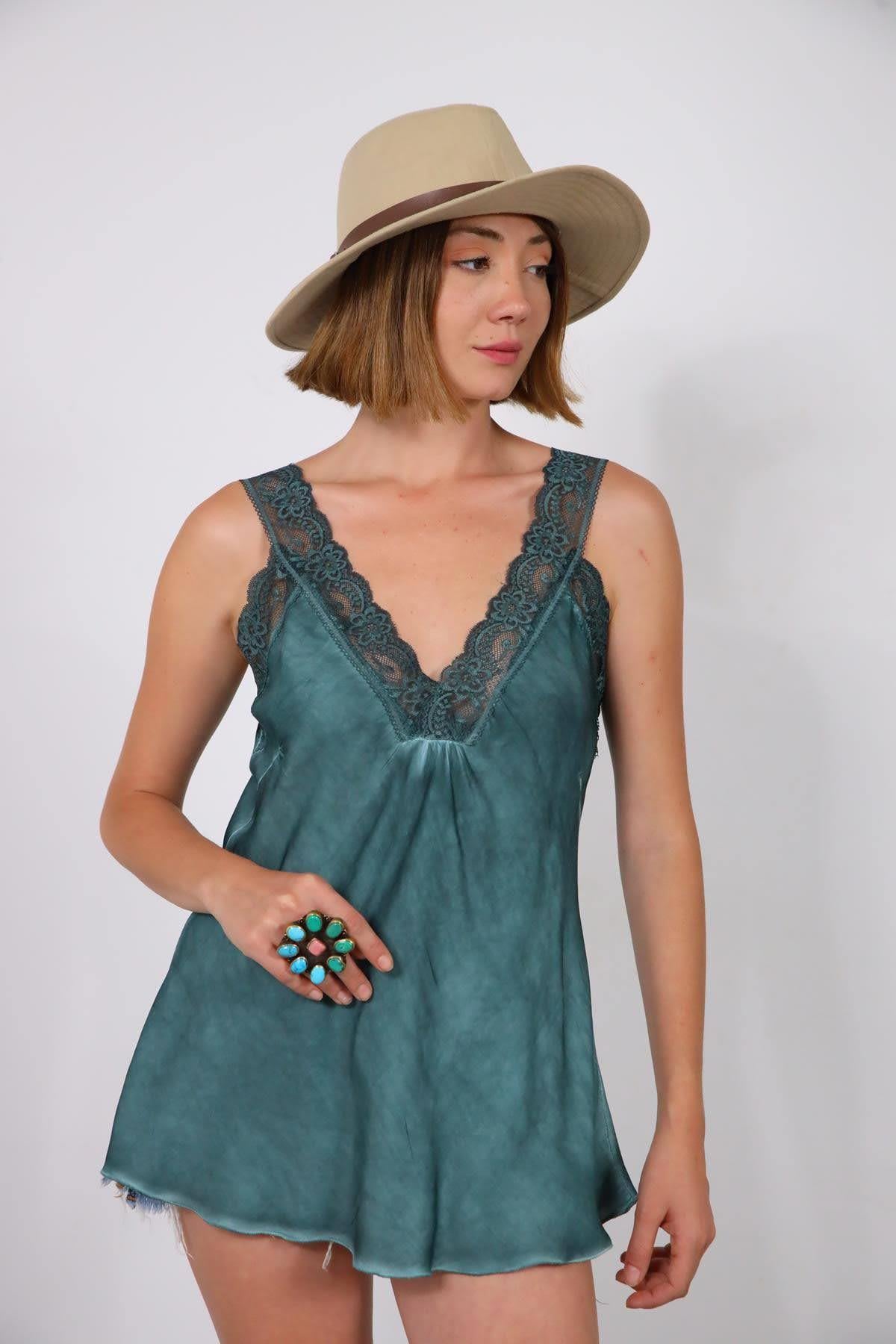 Navy Blue Floral Stitched Waist Shirt Dress - Şaman Butik Emerald Green Lace Embroidered Silk Tank Top