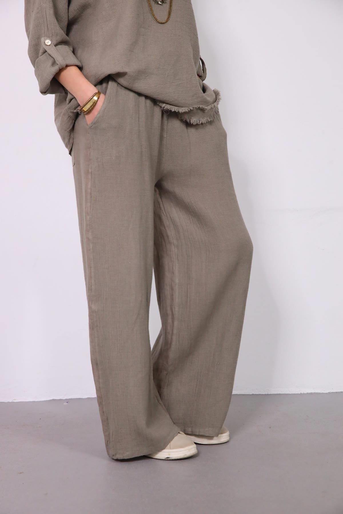  Vizon Rengi Püsküllü Örme Pamuk Detaylı Keten Takım